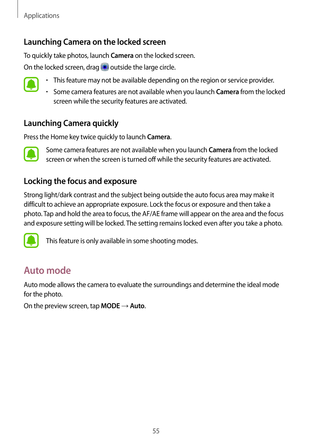 Samsung SM-A310FZDDXXV, SM-A310FEDADBT manual Auto mode, Launching Camera on the locked screen, Launching Camera quickly 