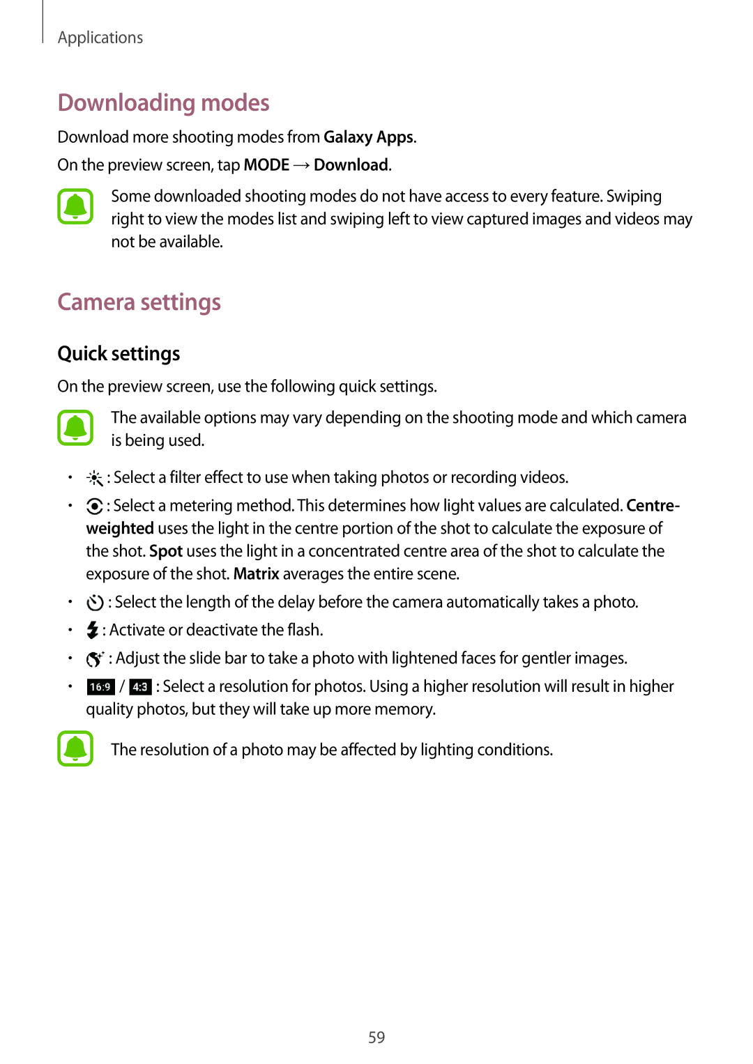 Samsung SM-A310FZKASEE, SM-A310FEDADBT, SM-A310FZKADBT, SM-A310FZDADBT Downloading modes, Camera settings, Quick settings 