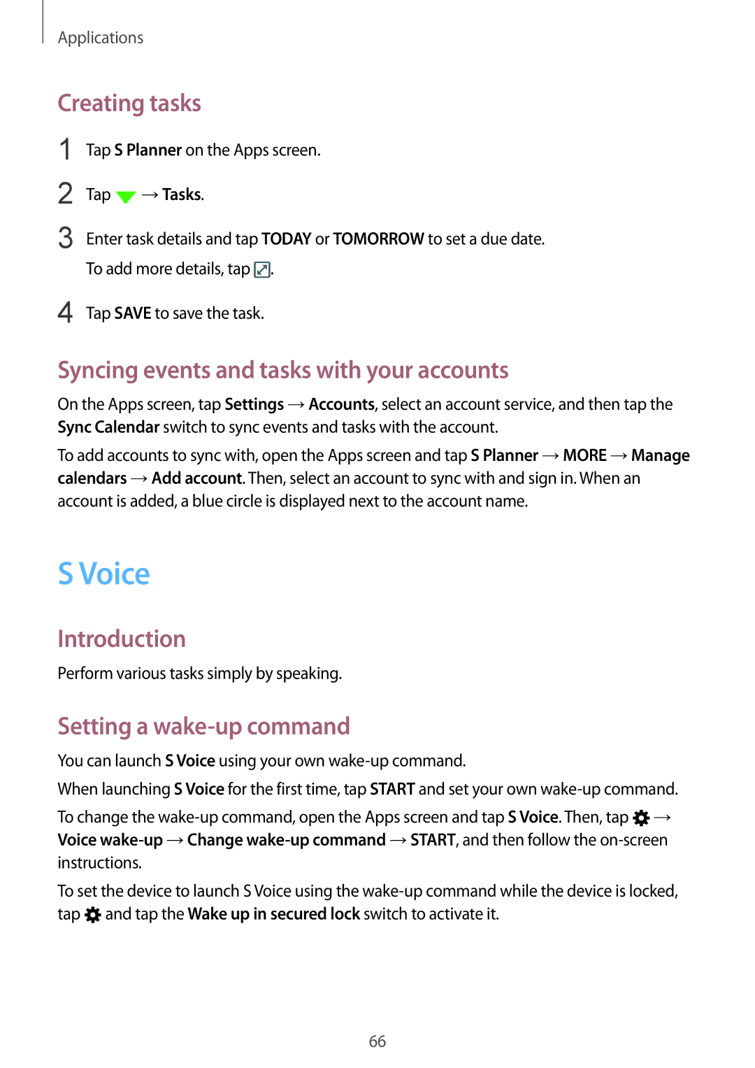 Samsung SM-A310FZWACOS manual Voice, Creating tasks, Syncing events and tasks with your accounts, Setting a wake-up command 