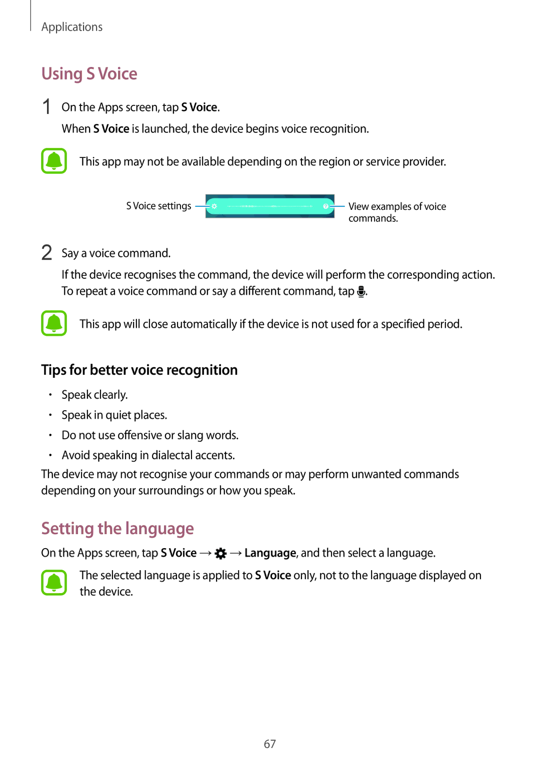 Samsung SM-A310FZDAEUR, SM-A310FEDADBT manual Using S Voice, Setting the language, Tips for better voice recognition 