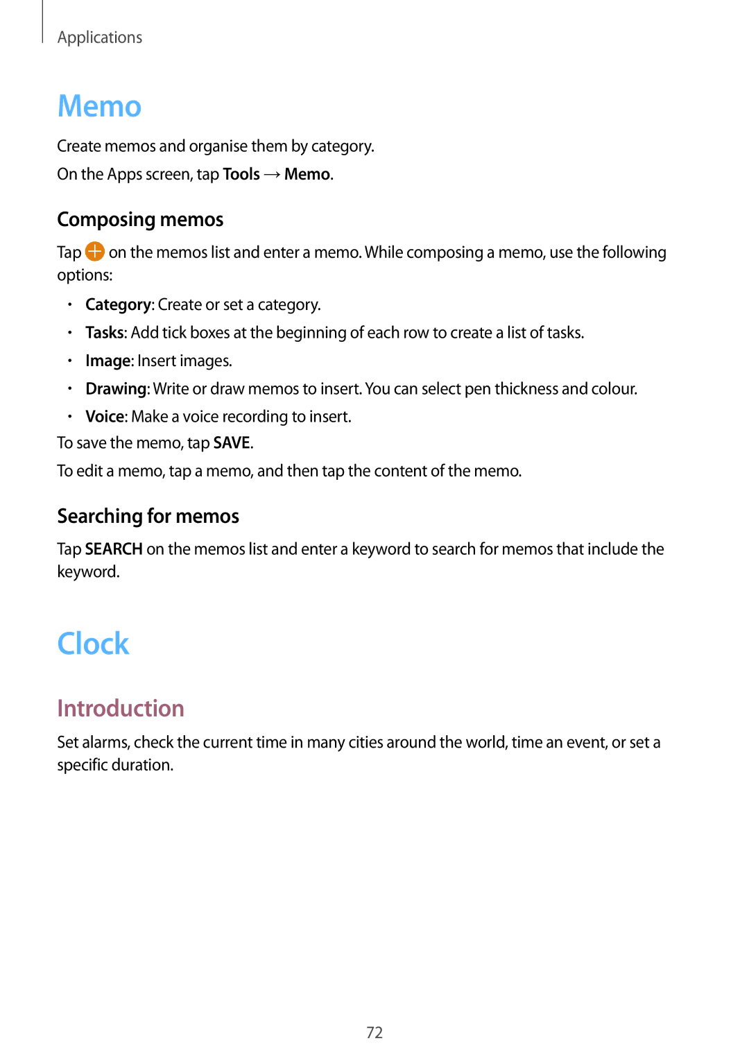 Samsung SM-A310FEDADBT, SM-A310FZKADBT, SM-A310FZDADBT, SM-A310FZWADBT Memo, Clock, Composing memos, Searching for memos 