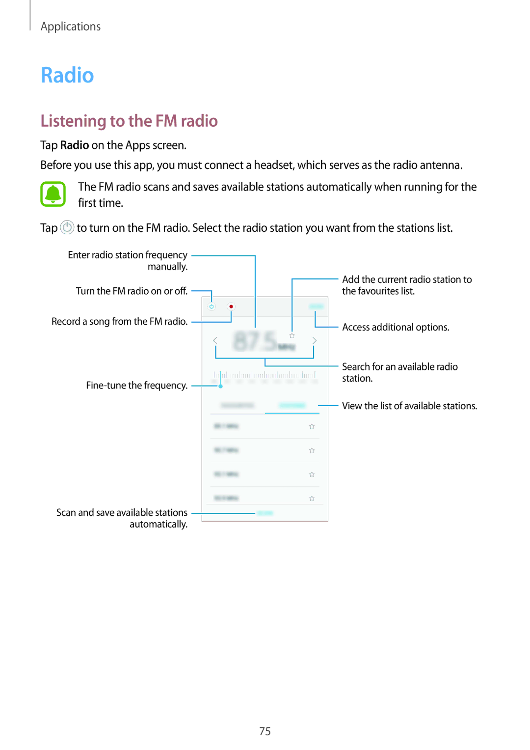 Samsung SM-A310FZWADBT, SM-A310FEDADBT, SM-A310FZKADBT, SM-A310FZDADBT, SM-A310FZWAXEF manual Radio, Listening to the FM radio 