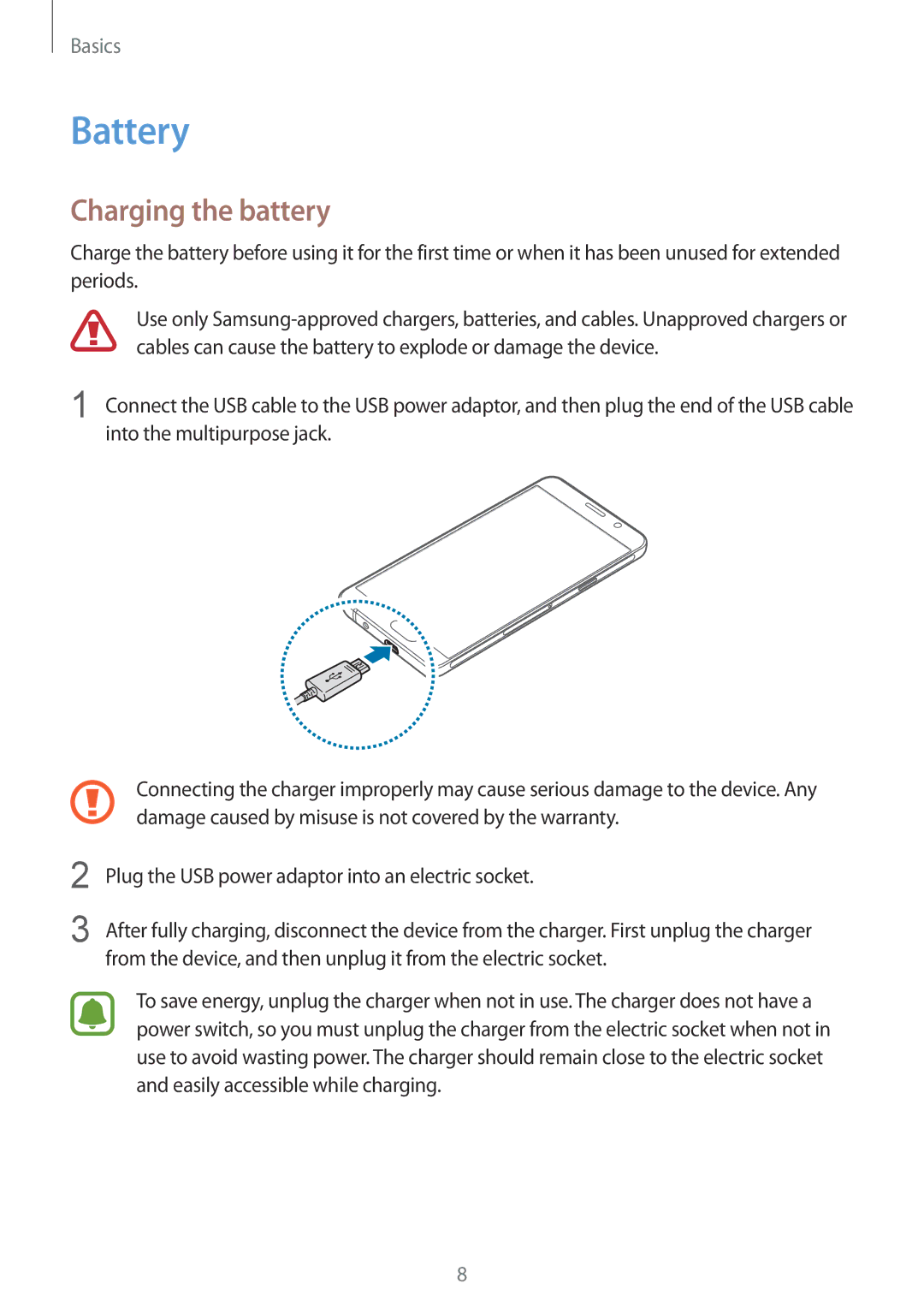 Samsung SM-A310FZWAITV, SM-A310FEDADBT, SM-A310FZKADBT, SM-A310FZDADBT, SM-A310FZWADBT manual Battery, Charging the battery 