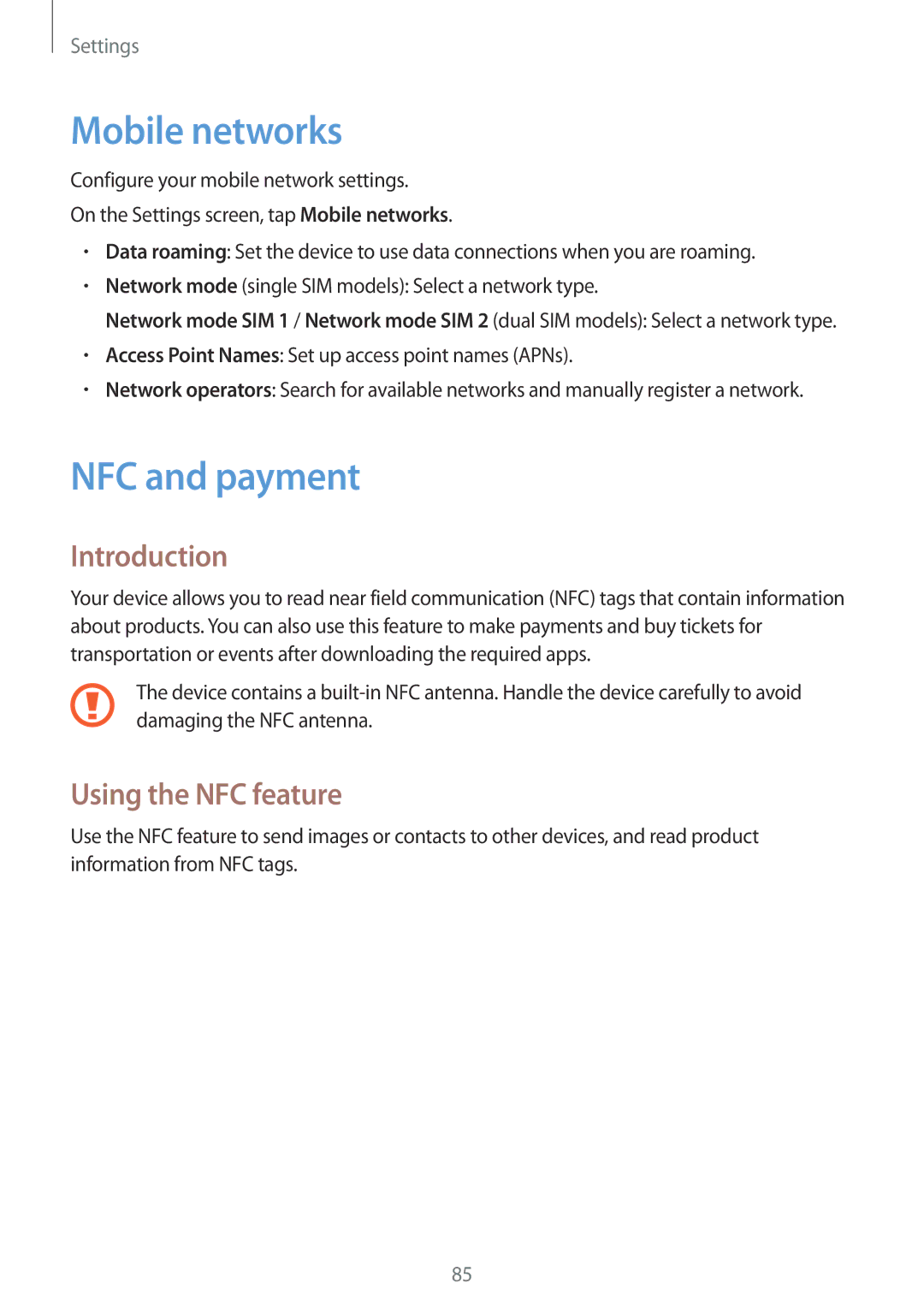 Samsung SM-A310FEDAPHE, SM-A310FEDADBT, SM-A310FZKADBT manual Mobile networks, NFC and payment, Using the NFC feature 