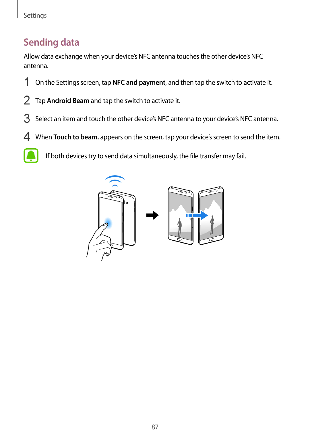 Samsung SM-A310FZWAKSA, SM-A310FEDADBT, SM-A310FZKADBT Sending data, Tap Android Beam and tap the switch to activate it 