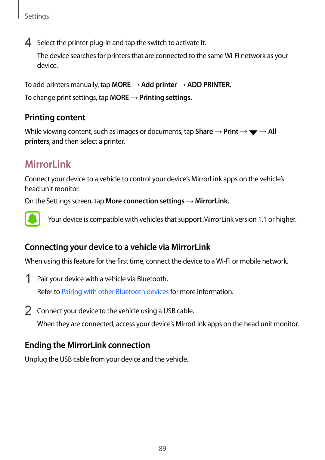 Samsung SM-A310FZDDKSA, SM-A310FEDADBT manual Printing content, Connecting your device to a vehicle via MirrorLink 