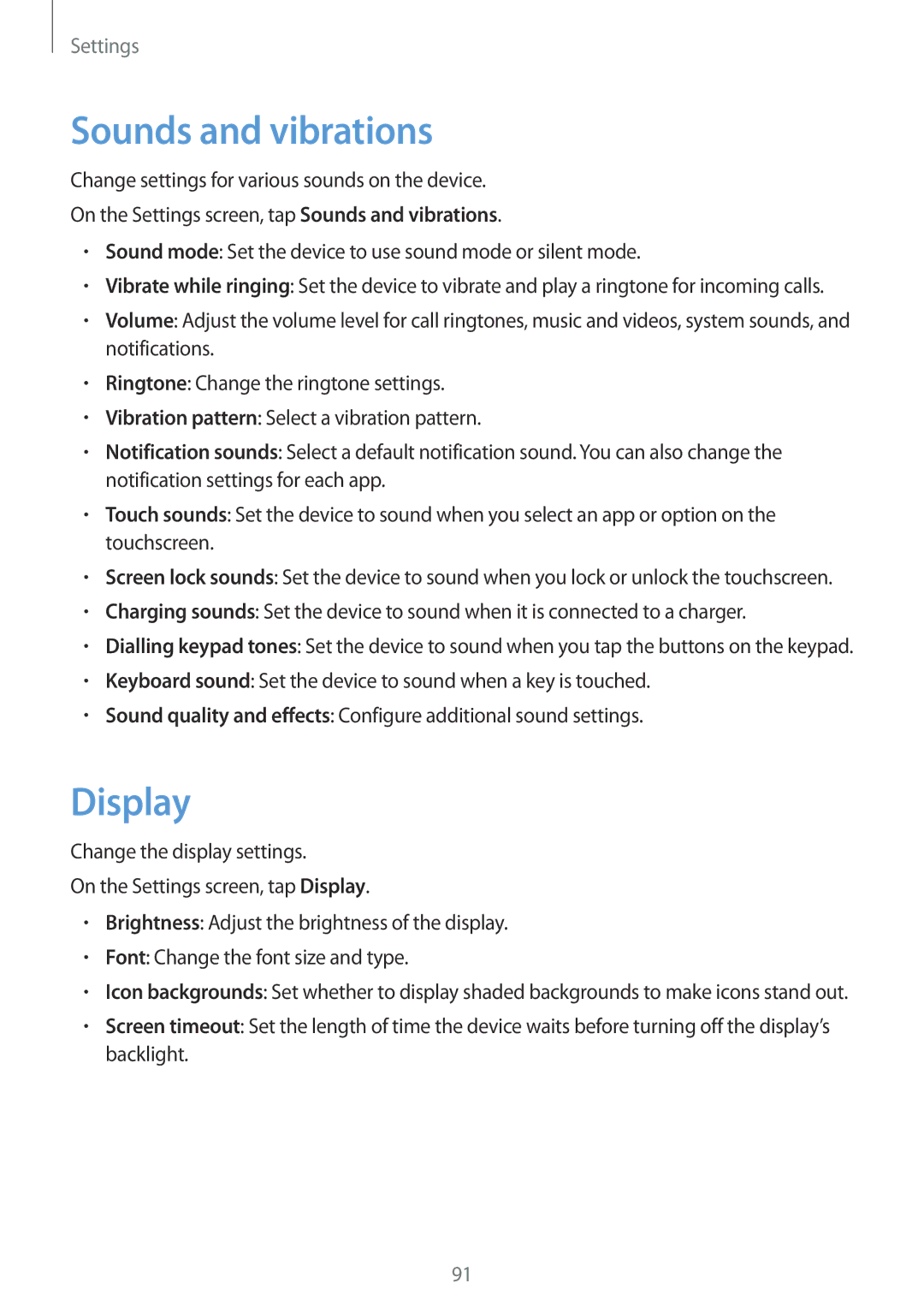 Samsung SM-A310FZDDXXV, SM-A310FEDADBT, SM-A310FZKADBT, SM-A310FZDADBT, SM-A310FZWADBT manual Sounds and vibrations, Display 