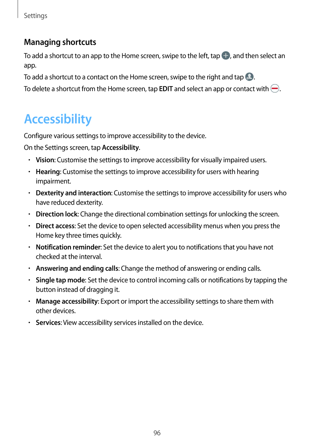 Samsung SM-A310FZKAO2C, SM-A310FEDADBT, SM-A310FZKADBT, SM-A310FZDADBT, SM-A310FZWADBT manual Accessibility, Managing shortcuts 