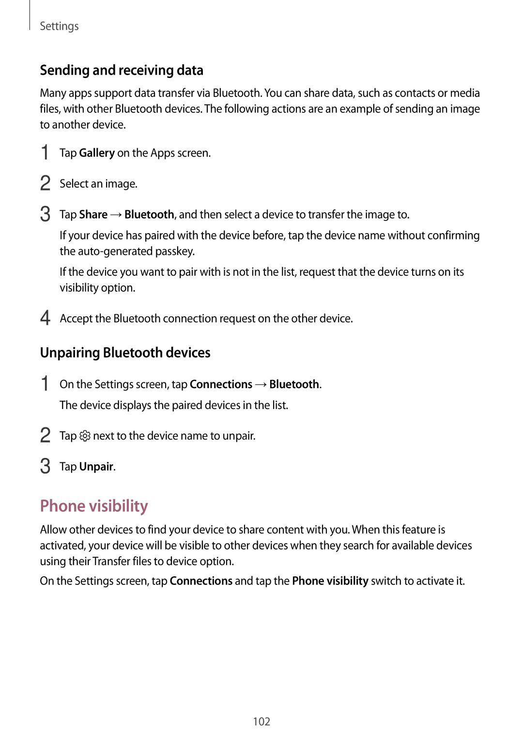 Samsung SM-A310FZWACOS manual Phone visibility, Sending and receiving data, Unpairing Bluetooth devices, Tap Unpair 