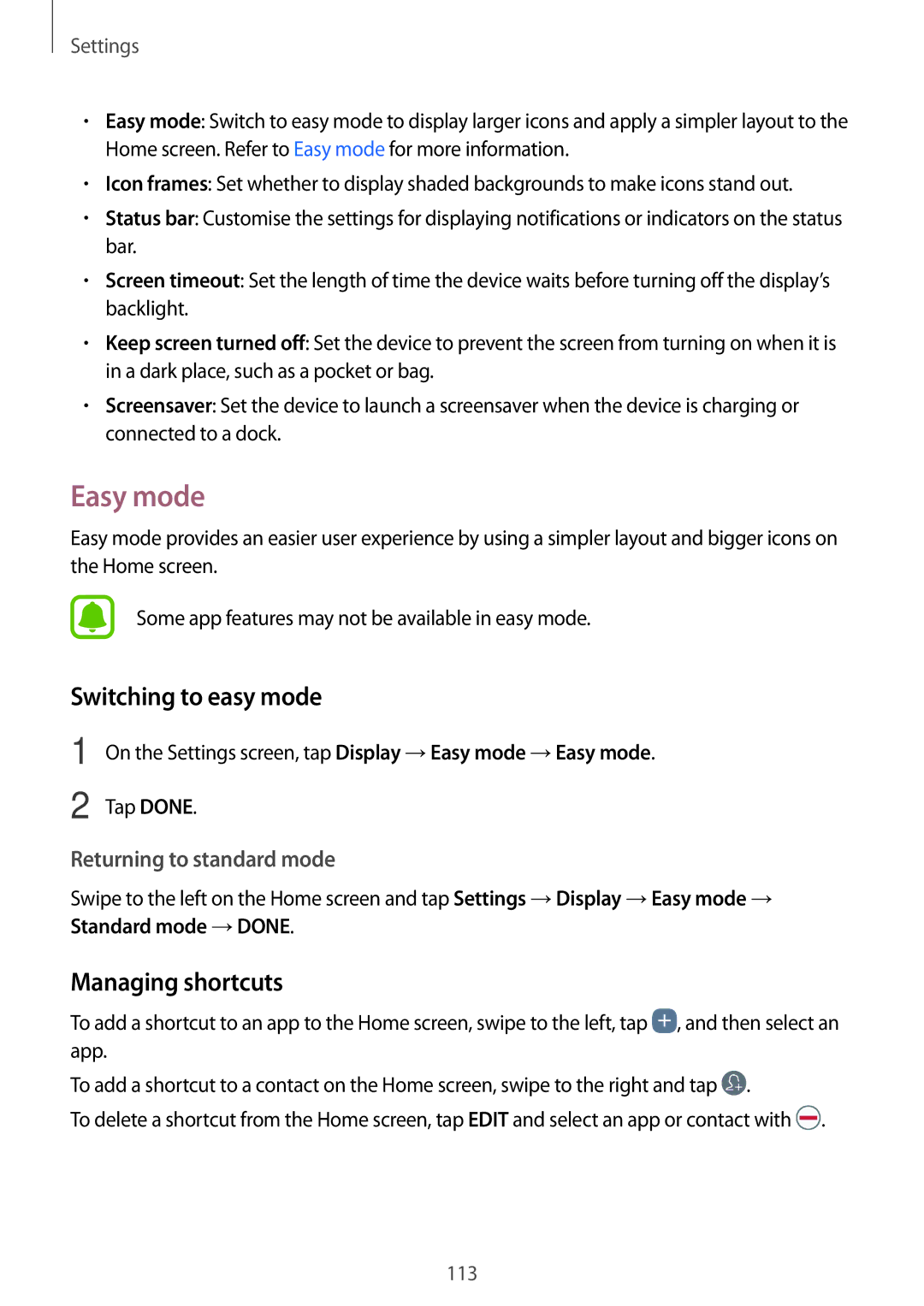 Samsung SM-A310FZKAXEF, SM-A310FEDADBT, SM-A310FZKADBT, SM-A310FZDADBT Easy mode, Switching to easy mode, Managing shortcuts 