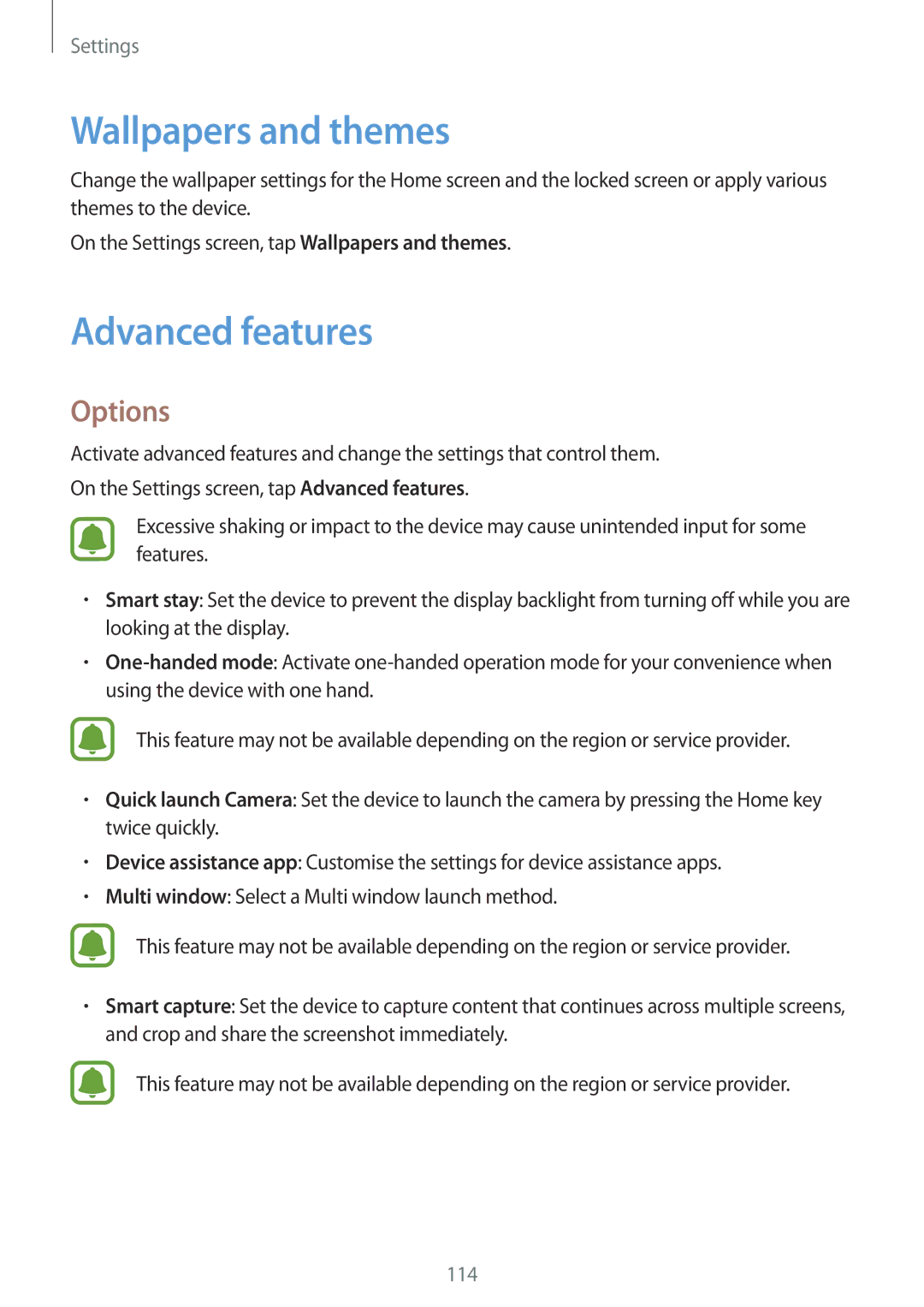 Samsung SM-A310FEDAXEF, SM-A310FEDADBT, SM-A310FZKADBT, SM-A310FZDADBT manual Wallpapers and themes, Advanced features 