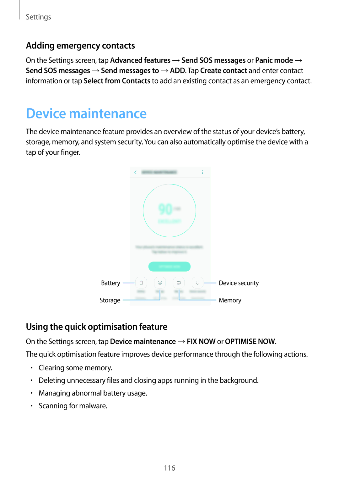 Samsung SM-A310FZWAITV, SM-A310FEDADBT Device maintenance, Adding emergency contacts, Using the quick optimisation feature 