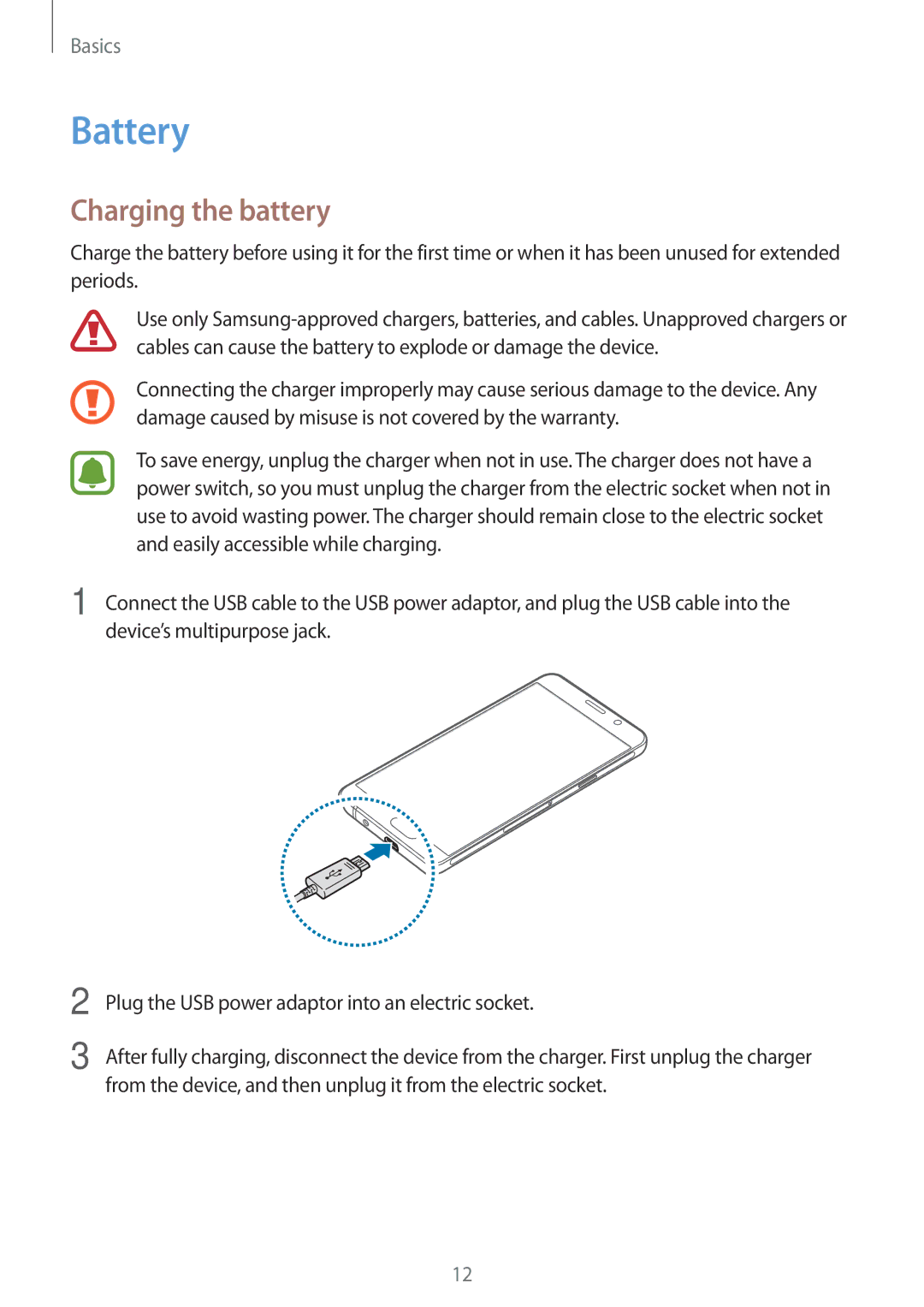 Samsung SM-A310FZDAPHE, SM-A310FEDADBT, SM-A310FZKADBT, SM-A310FZDADBT, SM-A310FZWADBT manual Battery, Charging the battery 