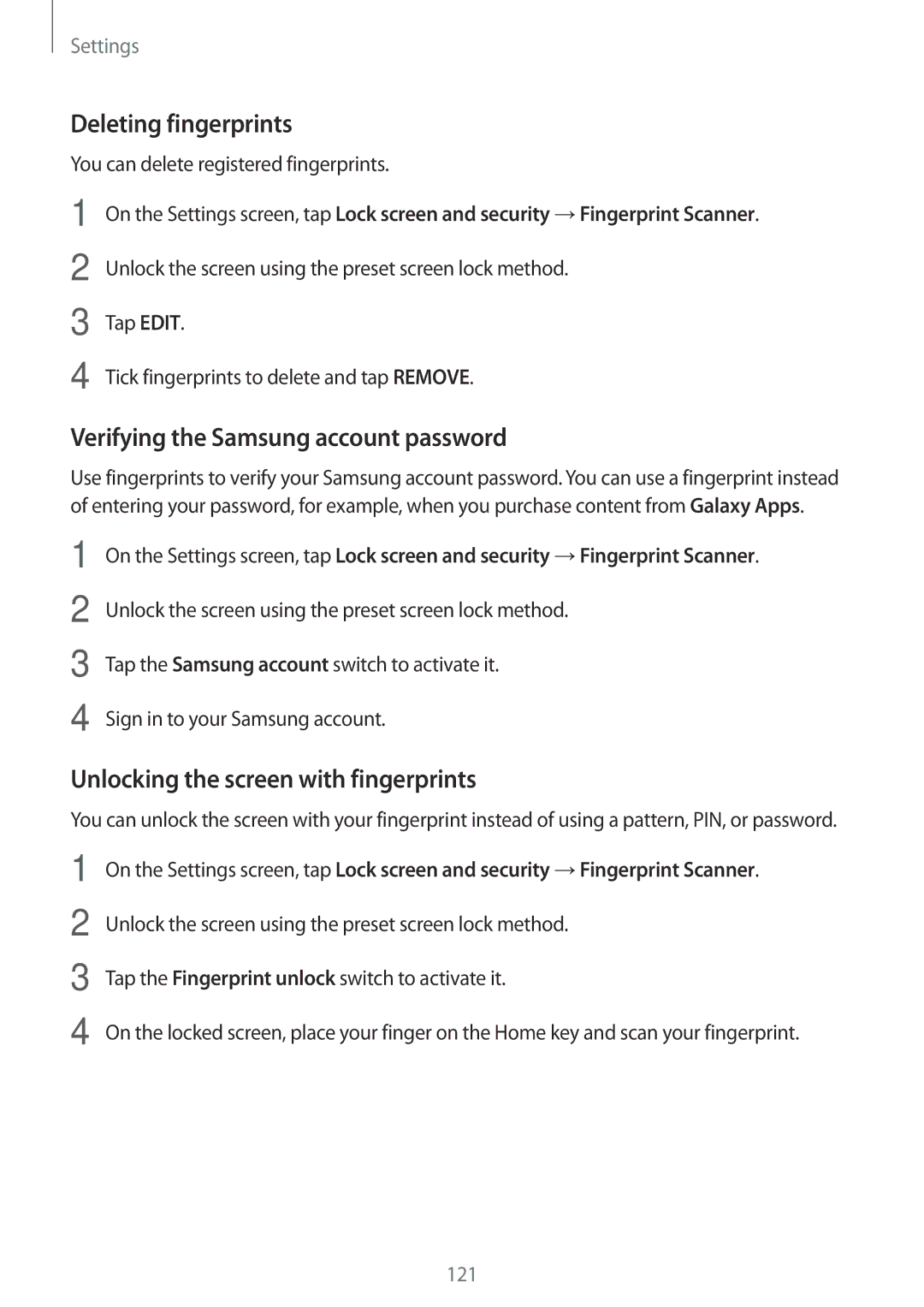 Samsung SM-A310FEDAPHE, SM-A310FEDADBT, SM-A310FZKADBT manual Deleting fingerprints, Verifying the Samsung account password 