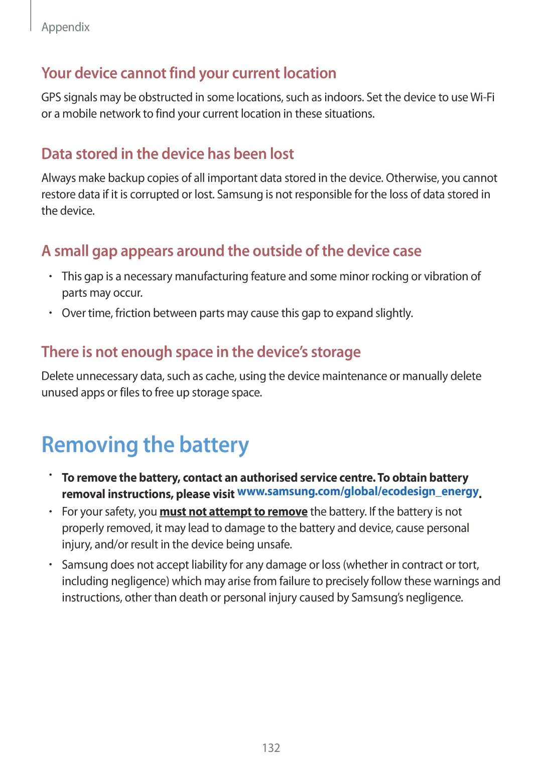 Samsung SM-A310FZKAO2C, SM-A310FEDADBT, SM-A310FZKADBT Removing the battery, Your device cannot find your current location 