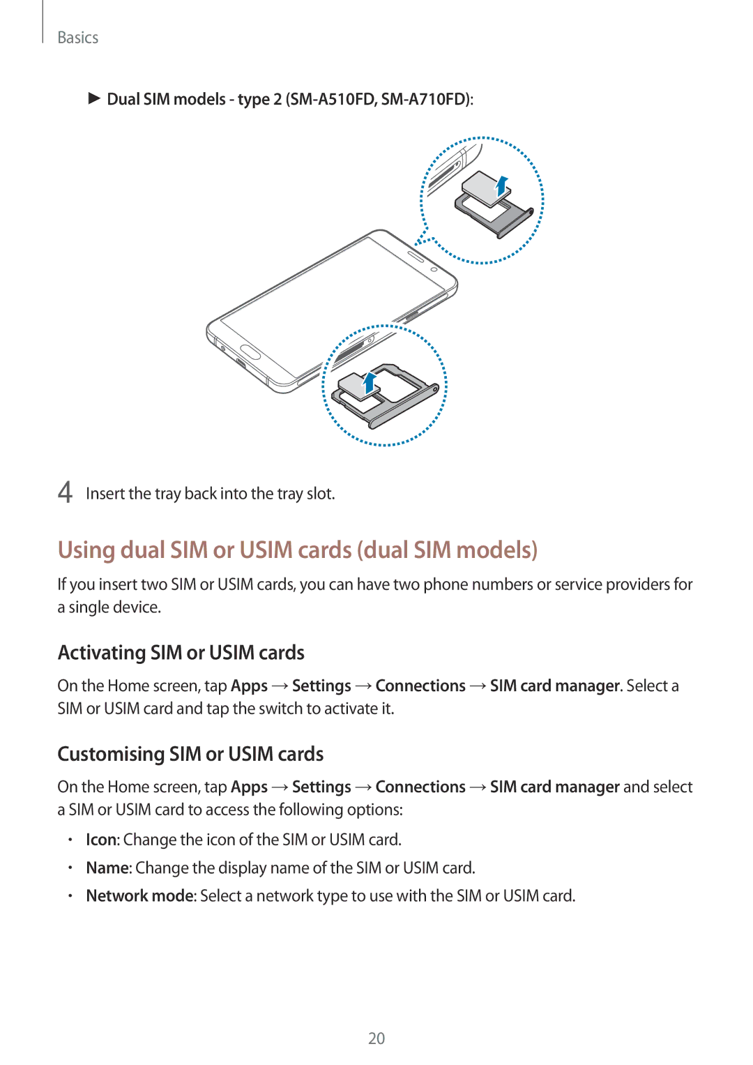 Samsung SM-A310FEDDXXV, SM-A310FEDADBT manual Using dual SIM or Usim cards dual SIM models, Activating SIM or Usim cards 