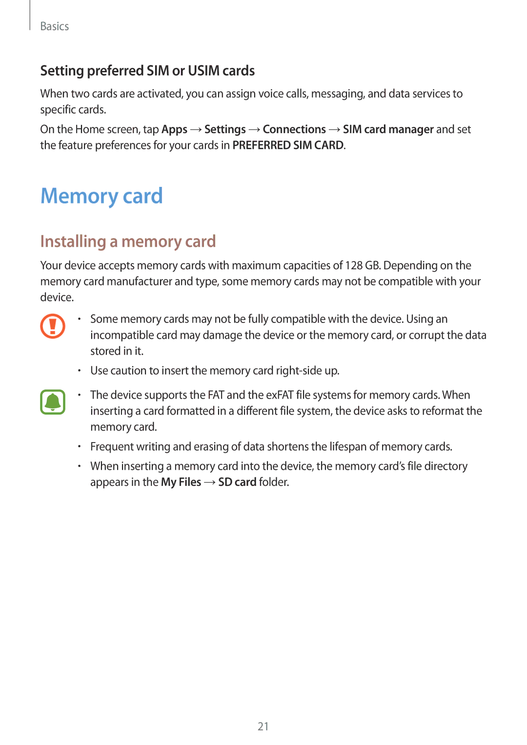 Samsung SM-A310FZKDXXV, SM-A310FEDADBT manual Memory card, Installing a memory card, Setting preferred SIM or Usim cards 