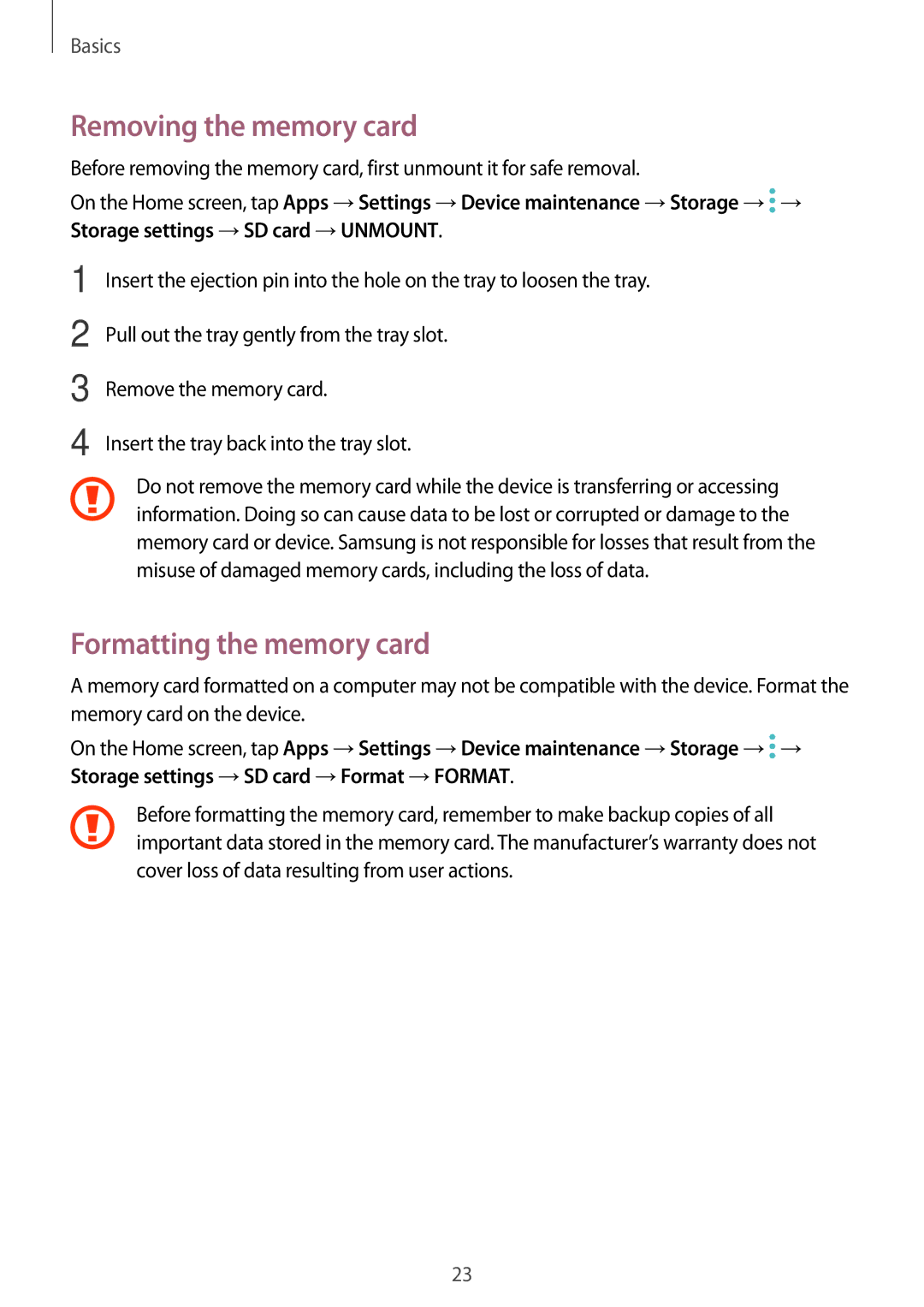 Samsung SM-A310FZKASEE, SM-A310FEDADBT, SM-A310FZKADBT, SM-A310FZDADBT Removing the memory card, Formatting the memory card 