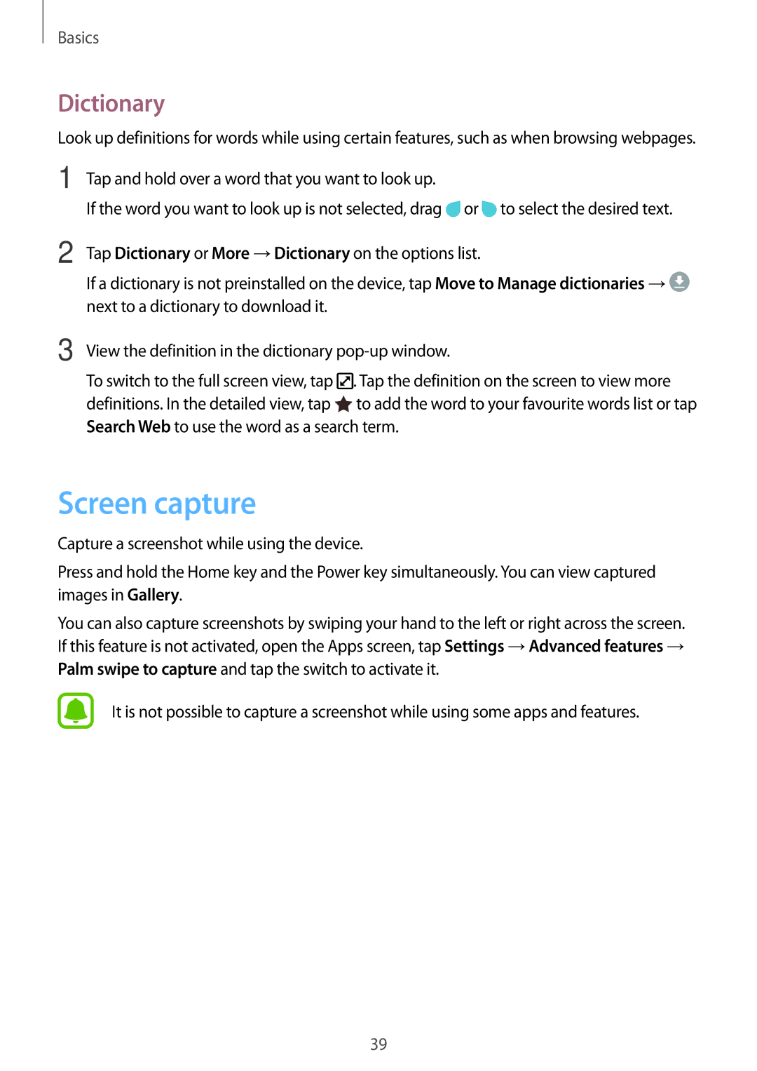 Samsung SM-A310FZWADBT, SM-A310FEDADBT, SM-A310FZKADBT, SM-A310FZDADBT, SM-A310FZWAXEF manual Screen capture, Dictionary 