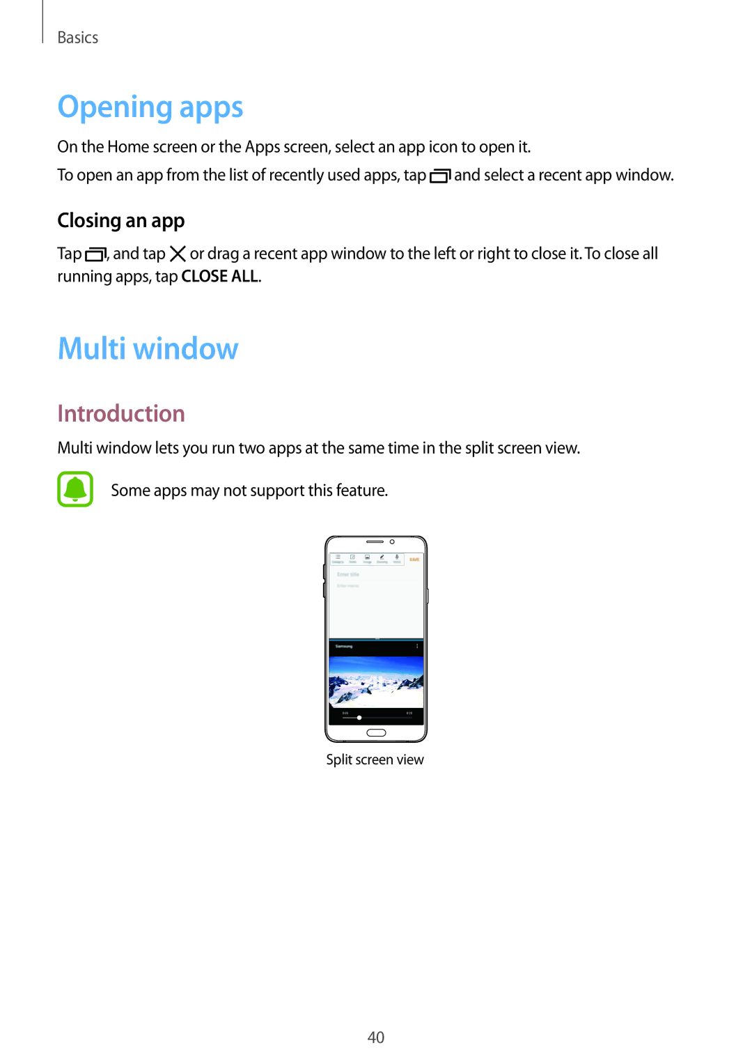 Samsung SM-A310FZWAXEF, SM-A310FEDADBT, SM-A310FZKADBT manual Opening apps, Multi window, Introduction, Closing an app 