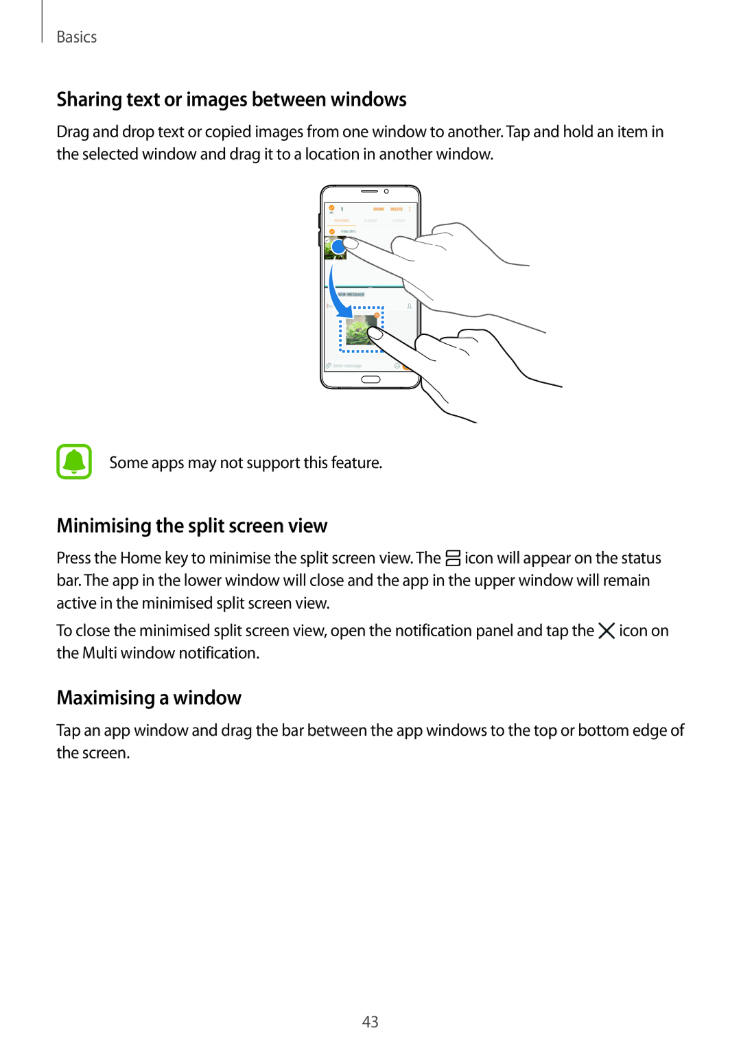 Samsung SM-A310FZDAXEF manual Sharing text or images between windows, Minimising the split screen view, Maximising a window 