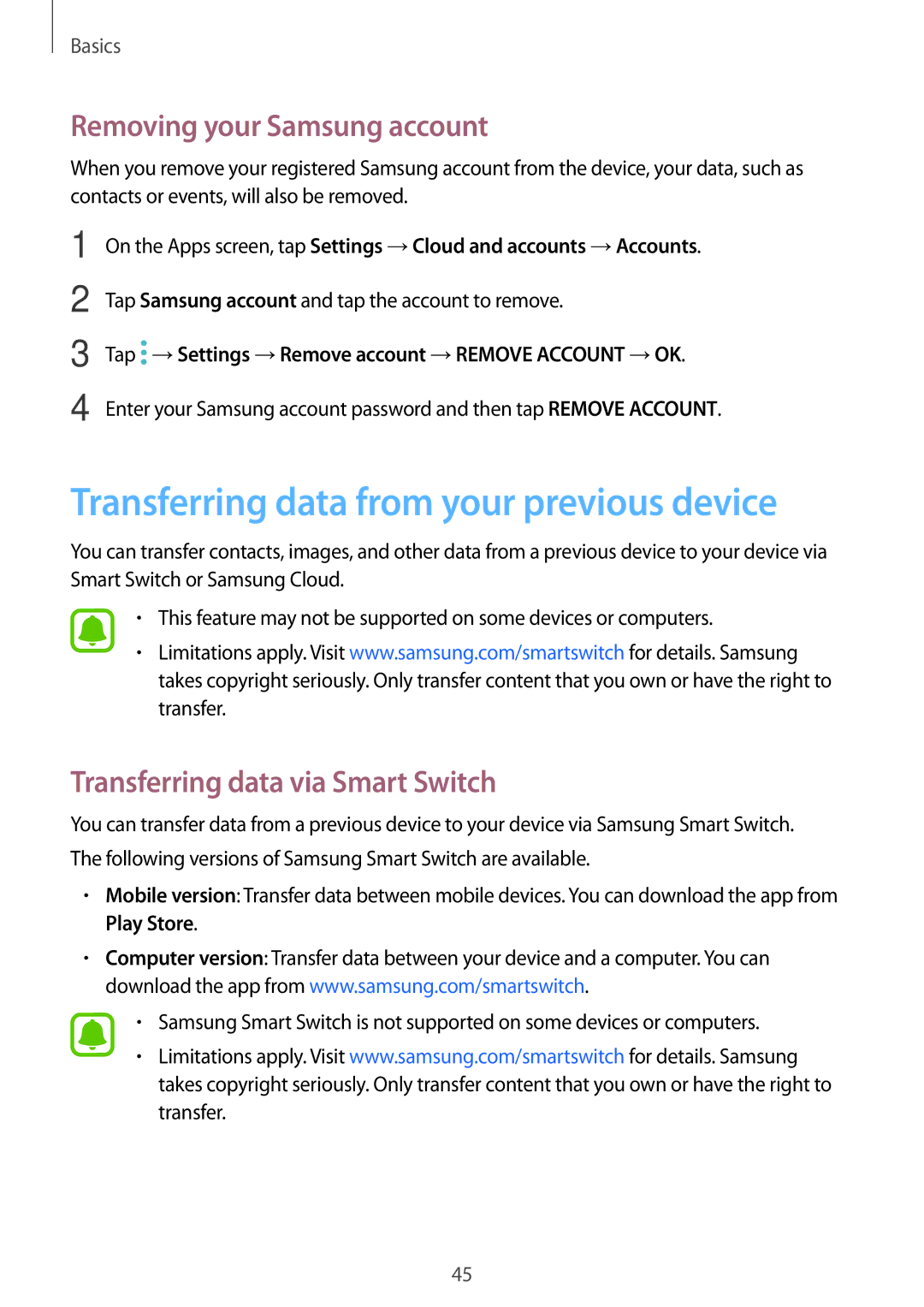 Samsung SM-A310FZKAITV, SM-A310FEDADBT manual Transferring data from your previous device, Removing your Samsung account 