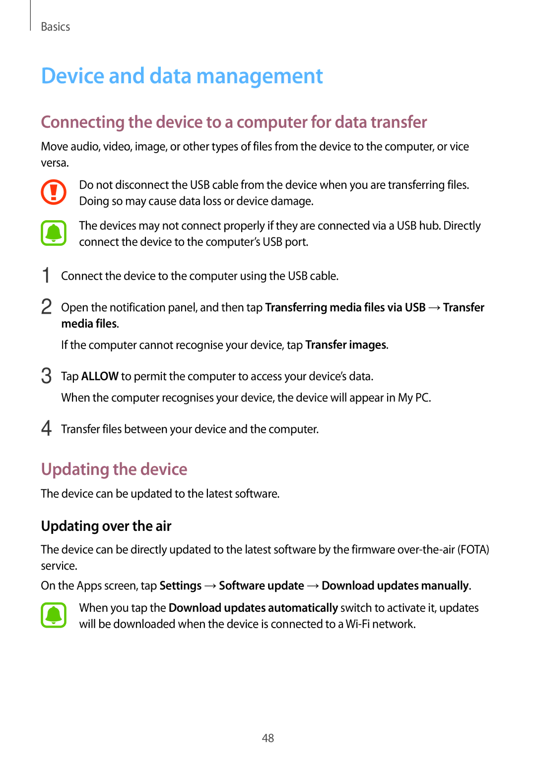 Samsung SM-A310FZDAPHE, SM-A310FEDADBT Device and data management, Connecting the device to a computer for data transfer 