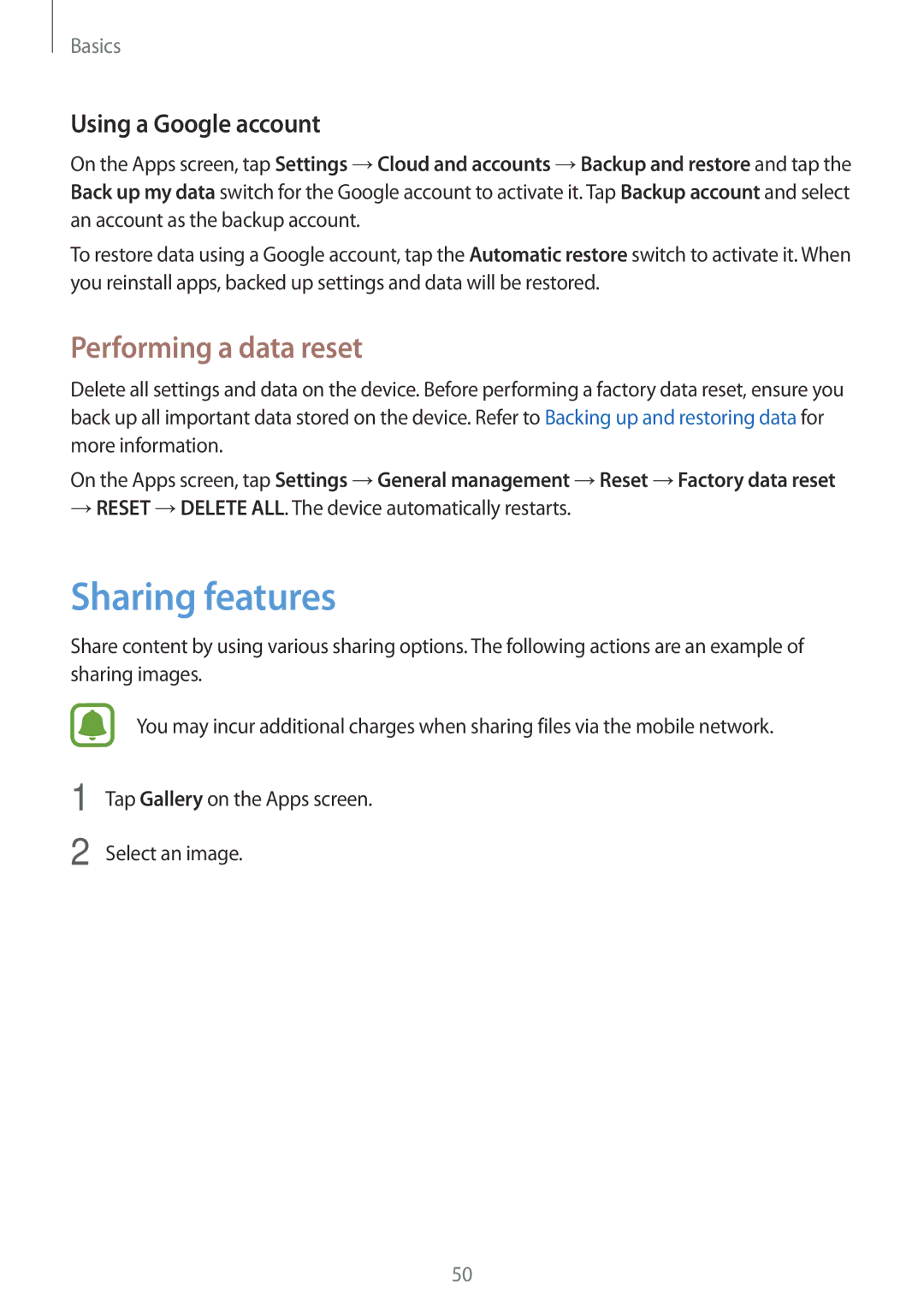 Samsung SM-A310FZKAPHE, SM-A310FEDADBT, SM-A310FZKADBT Sharing features, Performing a data reset, Using a Google account 