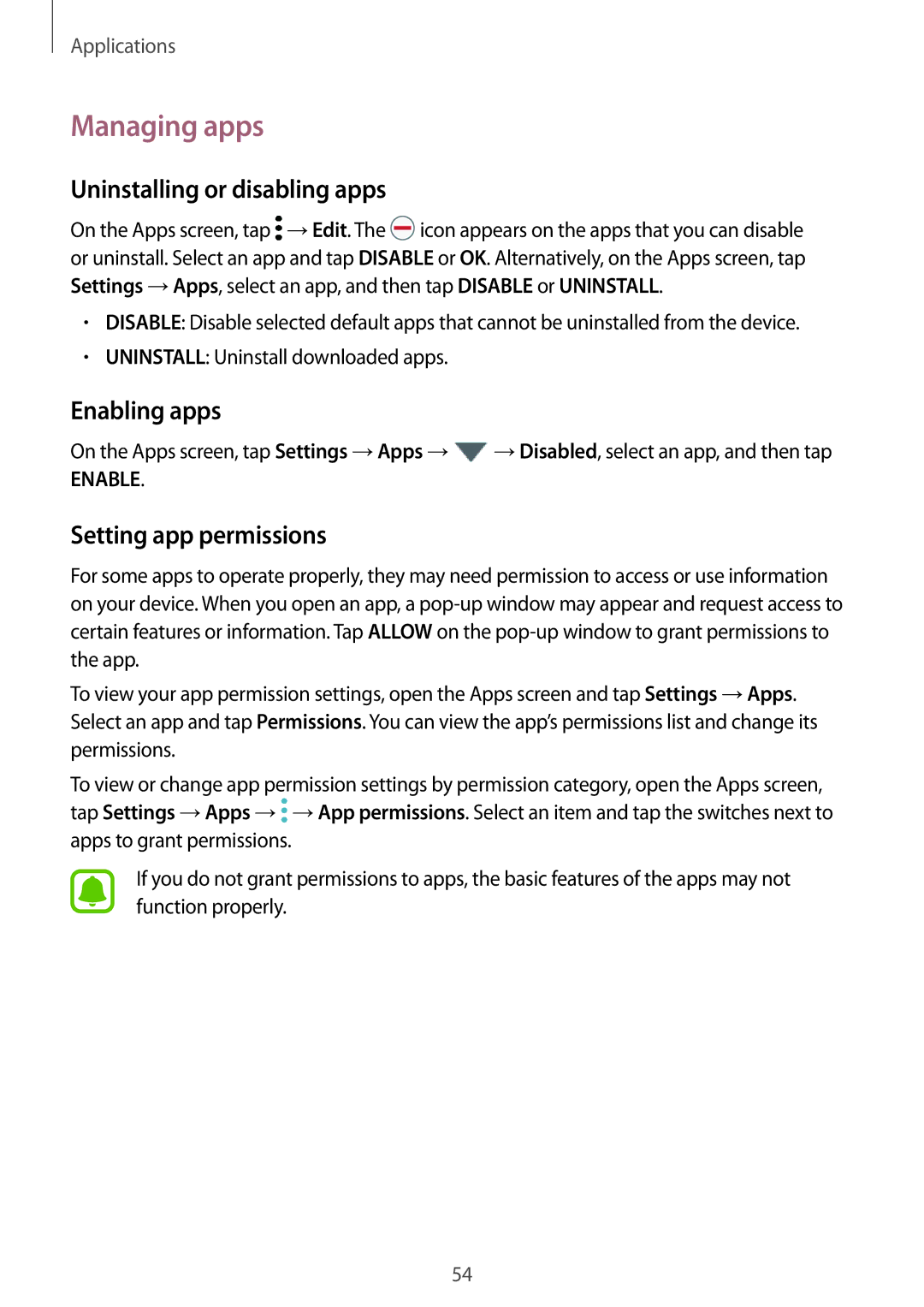 Samsung SM-A310FZKDKSA manual Managing apps, Uninstalling or disabling apps, Enabling apps, Setting app permissions 