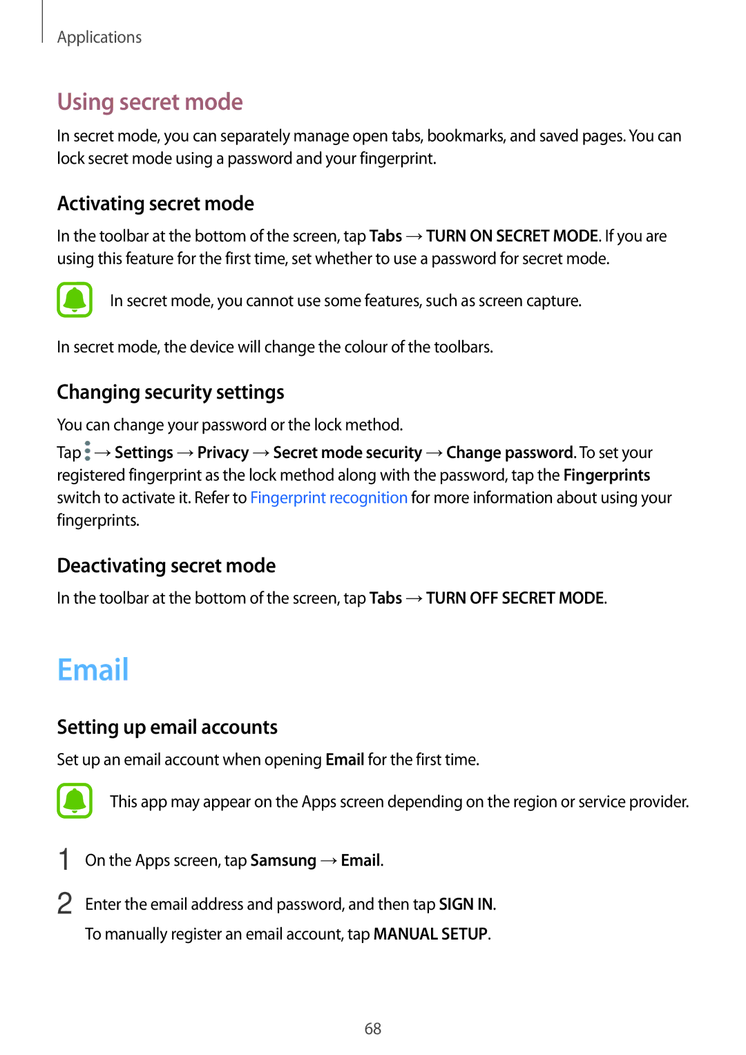 Samsung SM-A310FZKACOS Using secret mode, Activating secret mode, Changing security settings, Deactivating secret mode 