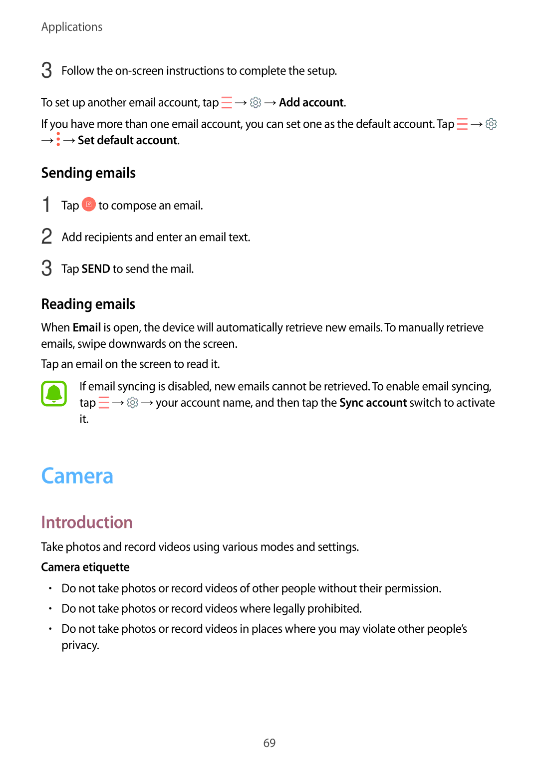 Samsung SM-A310FZKAXEH, SM-A310FEDADBT manual Sending emails, Reading emails, → →Set default account, Camera etiquette 