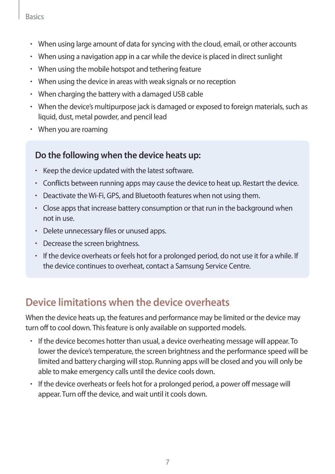 Samsung SM-A310FZDAXEF, SM-A310FEDADBT, SM-A310FZKADBT, SM-A310FZDADBT manual Device limitations when the device overheats 