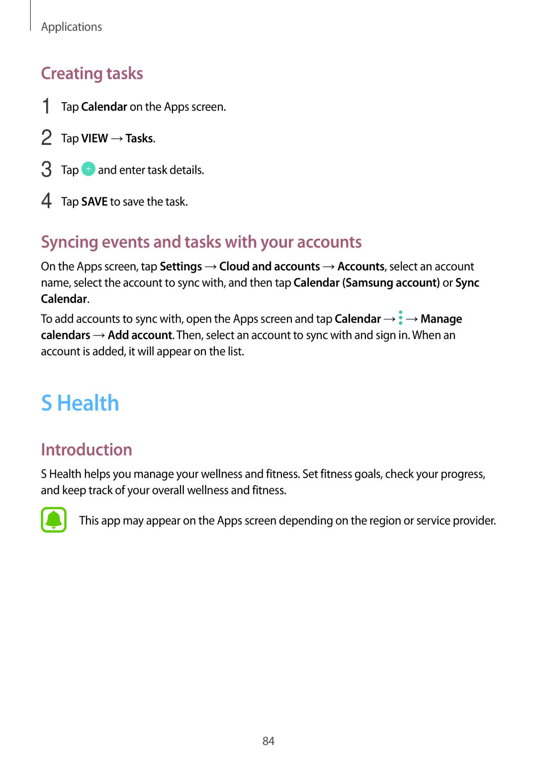 Samsung SM-A310FZDAPHE manual Health, Creating tasks, Syncing events and tasks with your accounts, Tap View →Tasks 