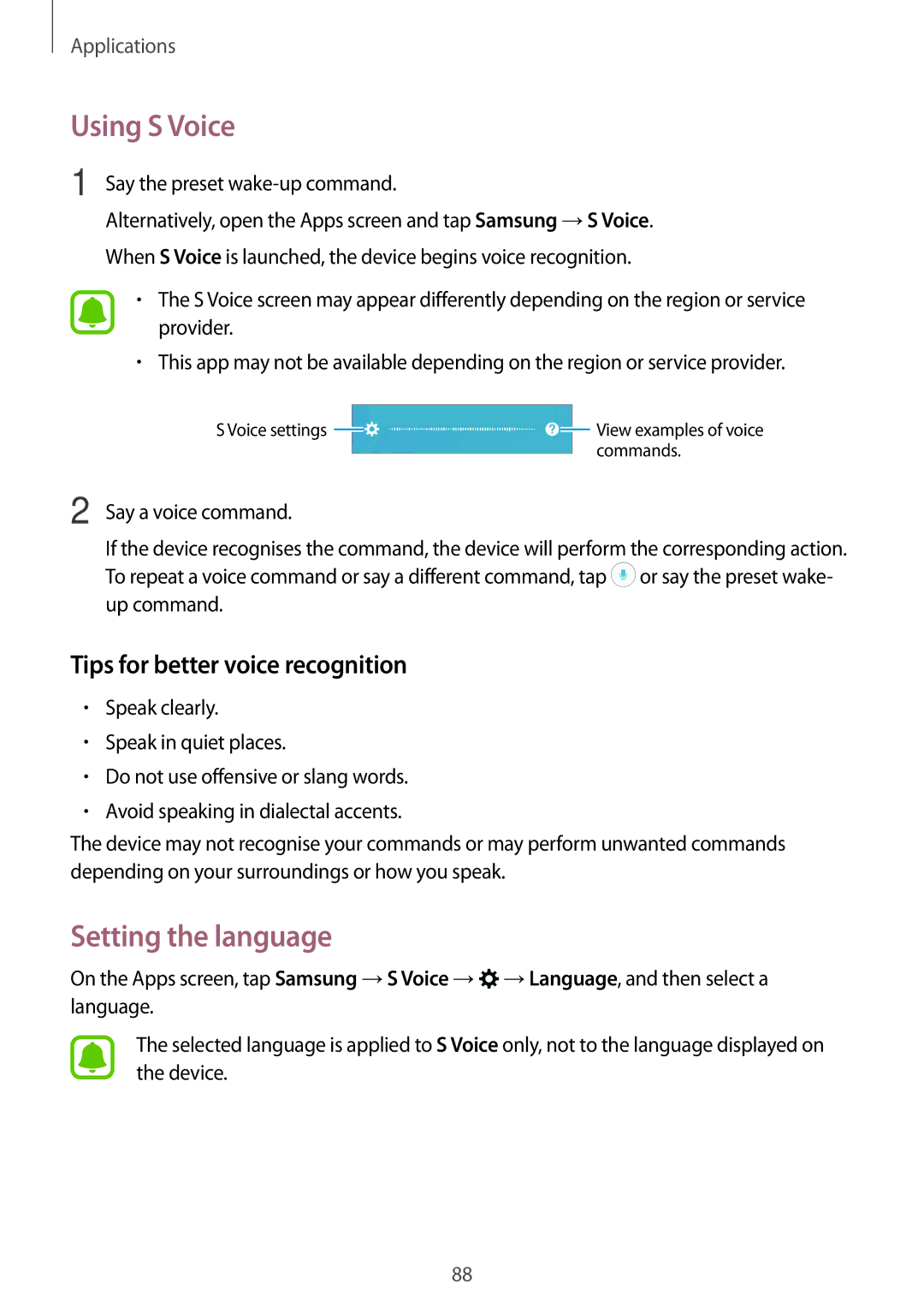 Samsung SM-A310FEDDKSA, SM-A310FEDADBT manual Using S Voice, Setting the language, Tips for better voice recognition 