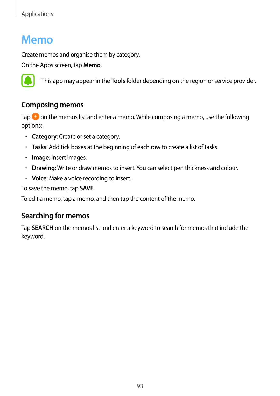 Samsung SM-A310FZKDXXV, SM-A310FEDADBT, SM-A310FZKADBT, SM-A310FZDADBT manual Memo, Composing memos, Searching for memos 