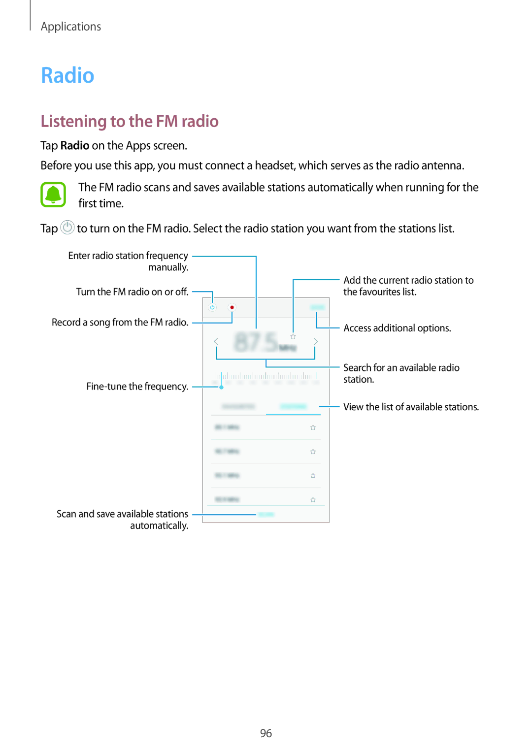 Samsung SM-A310FZKAO2C, SM-A310FEDADBT, SM-A310FZKADBT, SM-A310FZDADBT, SM-A310FZWADBT manual Radio, Listening to the FM radio 