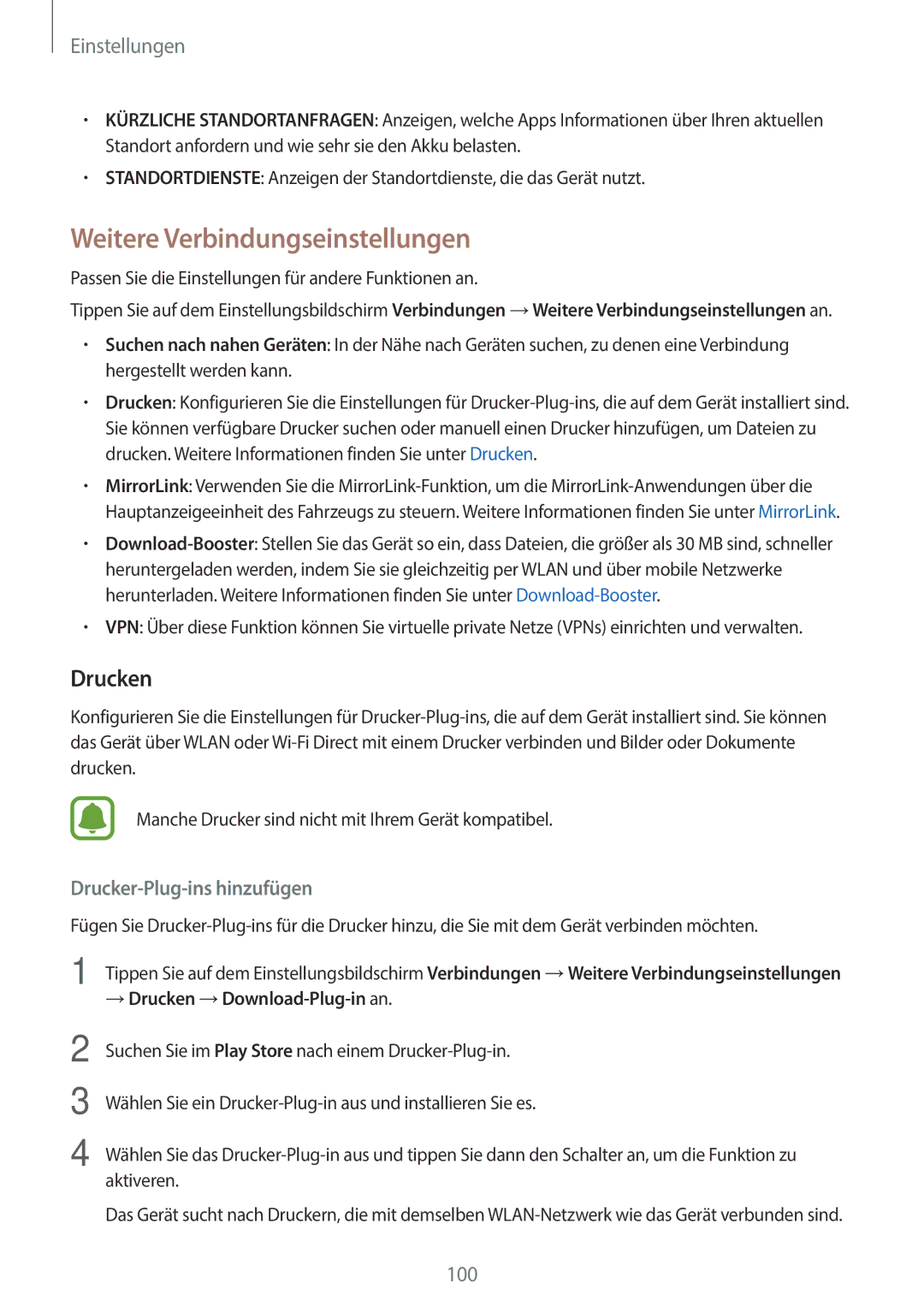 Samsung SM-A310FEDADBT, SM-A310FZKADBT, SM-A310FZDADBT, SM-A310FZWADBT manual Weitere Verbindungseinstellungen, Drucken 