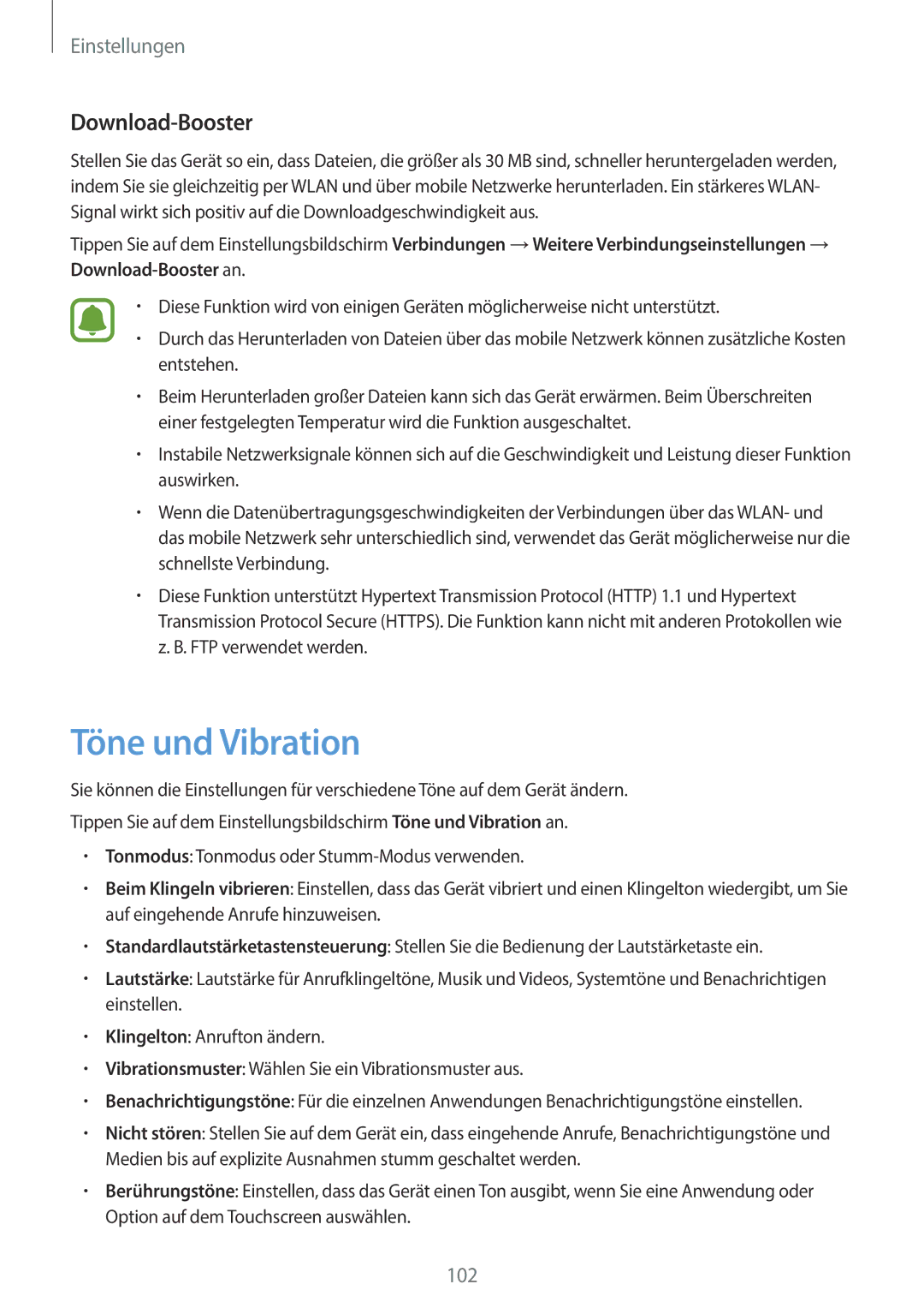 Samsung SM-A310FZDADBT, SM-A310FEDADBT, SM-A310FZKADBT, SM-A310FZWADBT manual Töne und Vibration, Download-Booster 