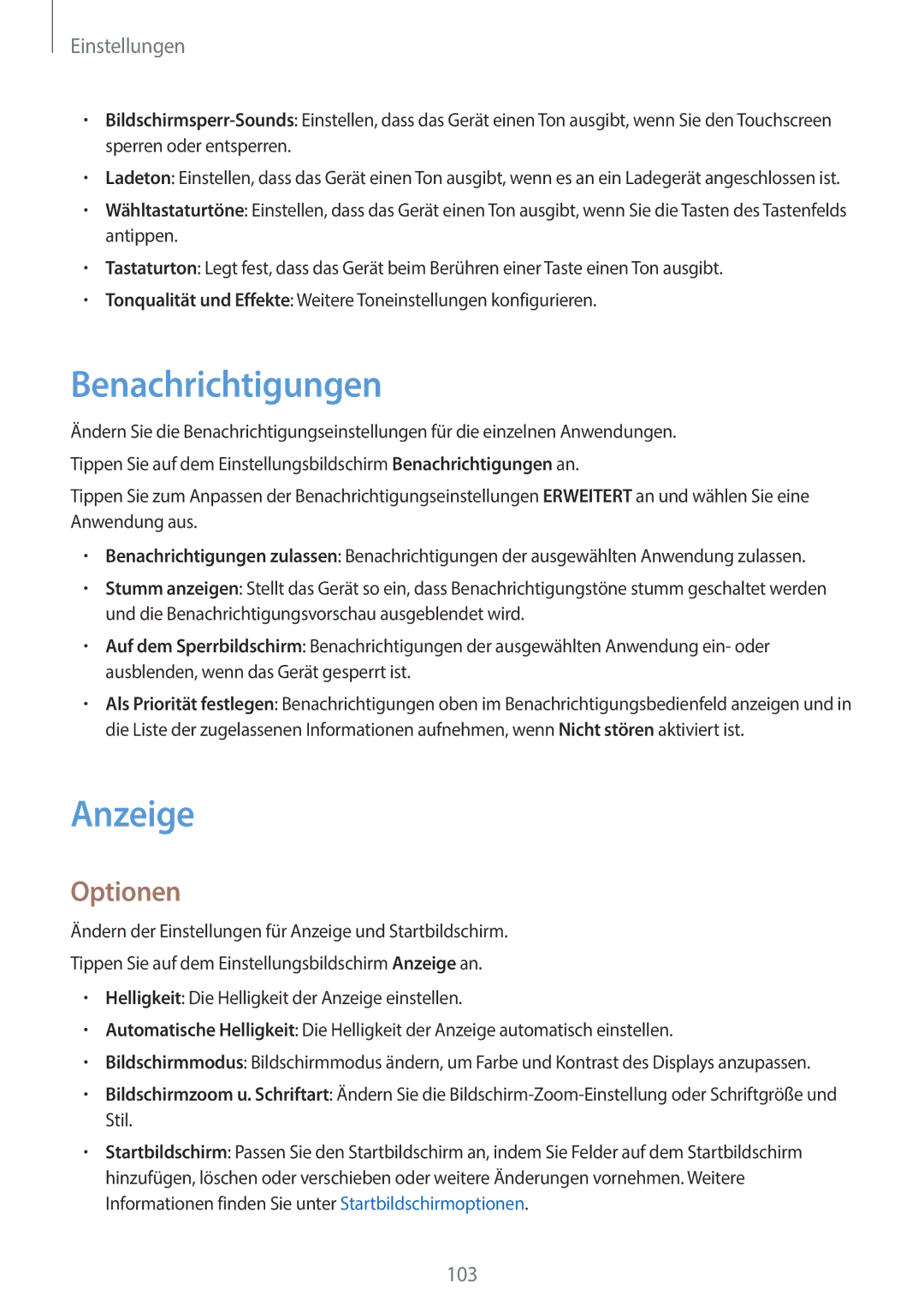 Samsung SM-A310FZWADBT, SM-A310FEDADBT, SM-A310FZKADBT, SM-A310FZDADBT manual Benachrichtigungen, Anzeige, Optionen 