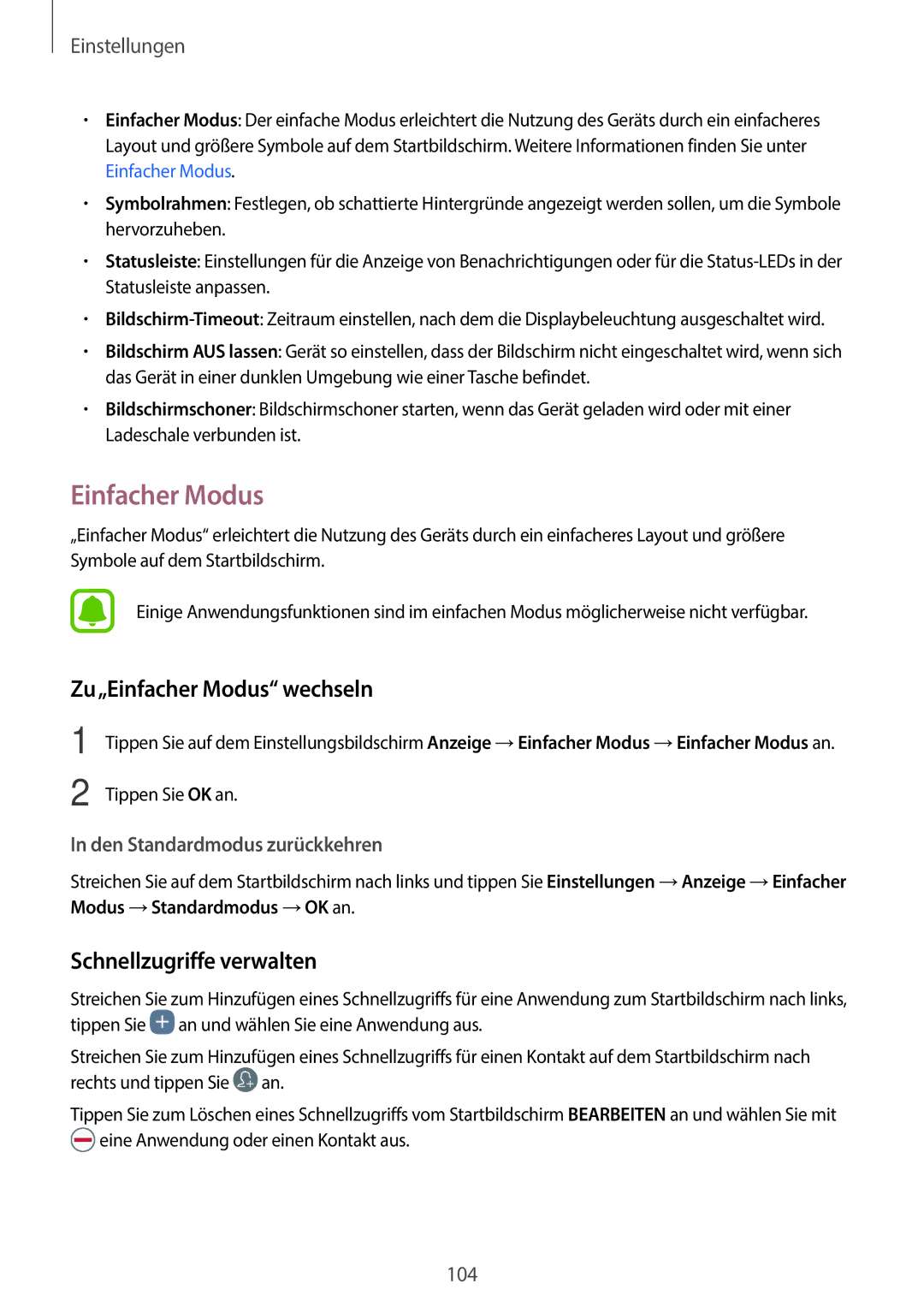 Samsung SM-A310FEDADBT, SM-A310FZKADBT, SM-A310FZDADBT manual Zu„Einfacher Modus wechseln, Schnellzugriffe verwalten 