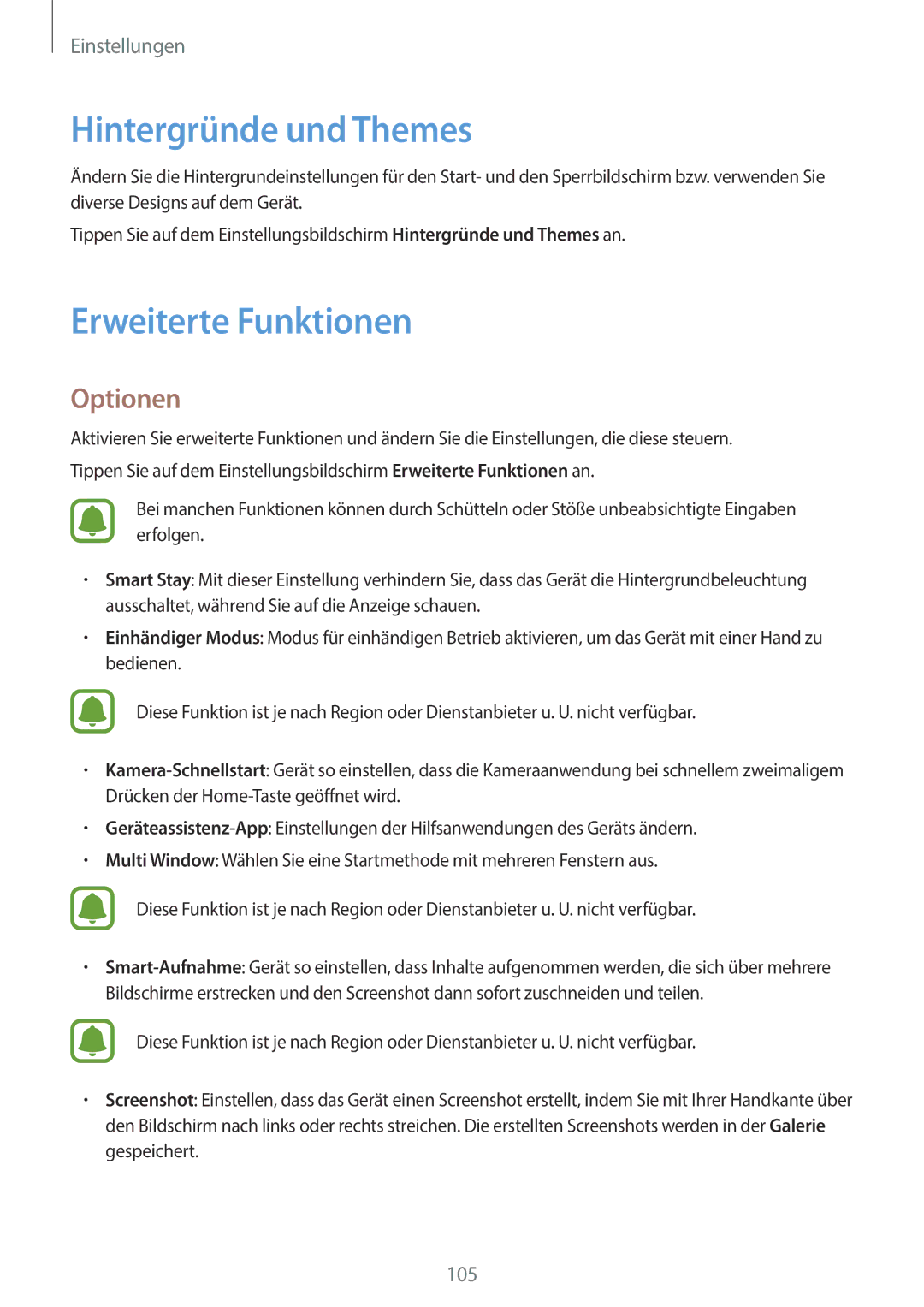 Samsung SM-A310FZKADBT, SM-A310FEDADBT, SM-A310FZDADBT, SM-A310FZWADBT manual Hintergründe und Themes, Erweiterte Funktionen 