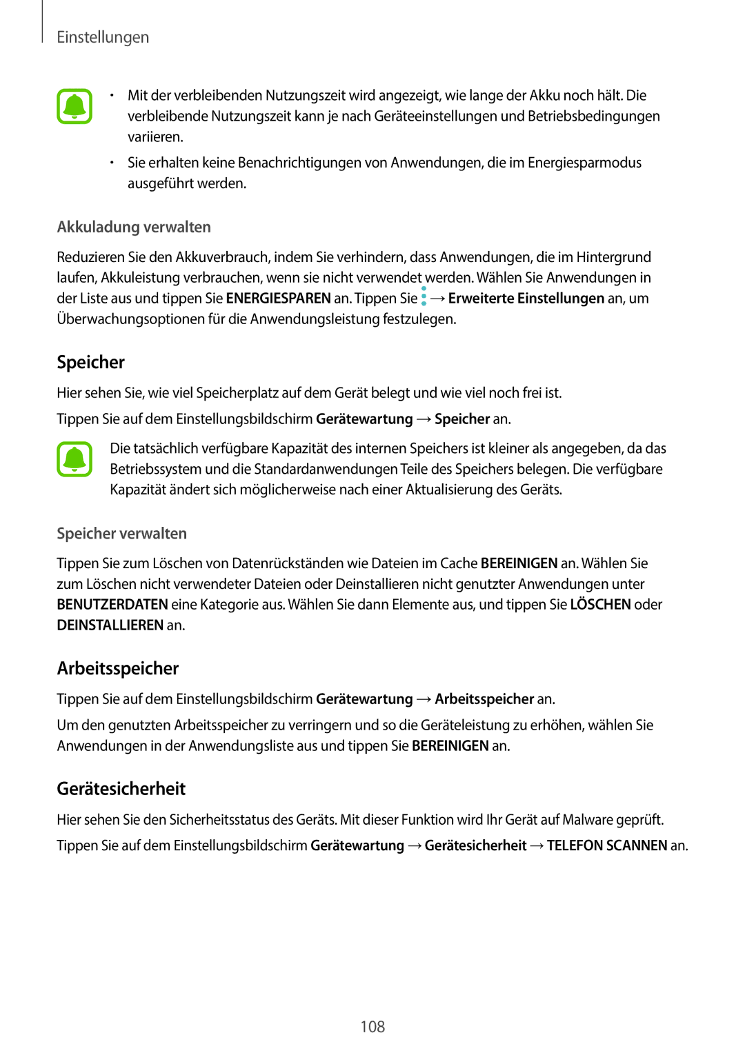 Samsung SM-A310FEDADBT, SM-A310FZKADBT, SM-A310FZDADBT, SM-A310FZWADBT manual Speicher, Arbeitsspeicher, Gerätesicherheit 