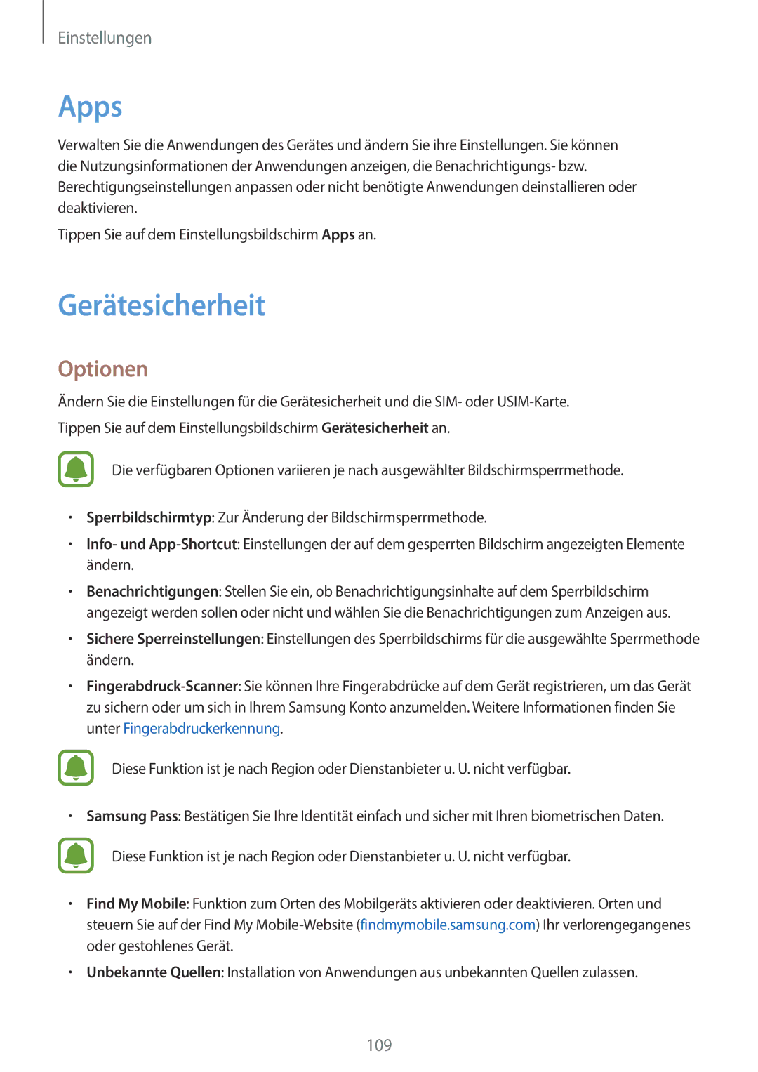 Samsung SM-A310FZKADBT, SM-A310FEDADBT, SM-A310FZDADBT, SM-A310FZWADBT manual Apps, Gerätesicherheit 
