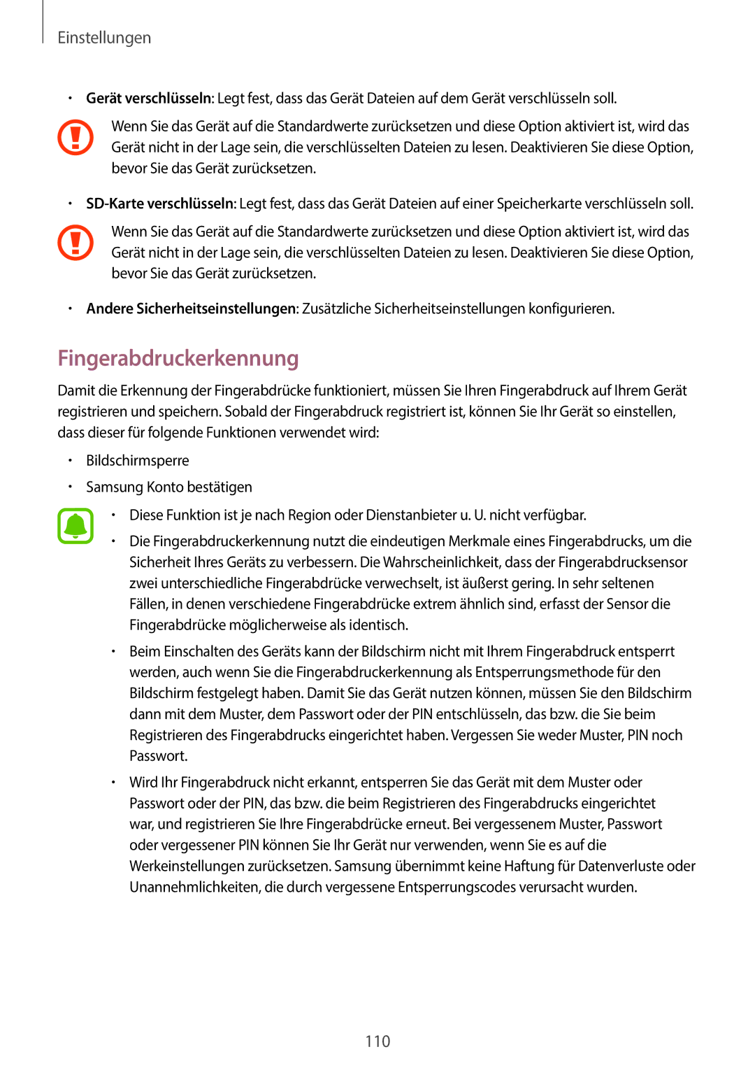 Samsung SM-A310FZDADBT, SM-A310FEDADBT, SM-A310FZKADBT, SM-A310FZWADBT manual Fingerabdruckerkennung 