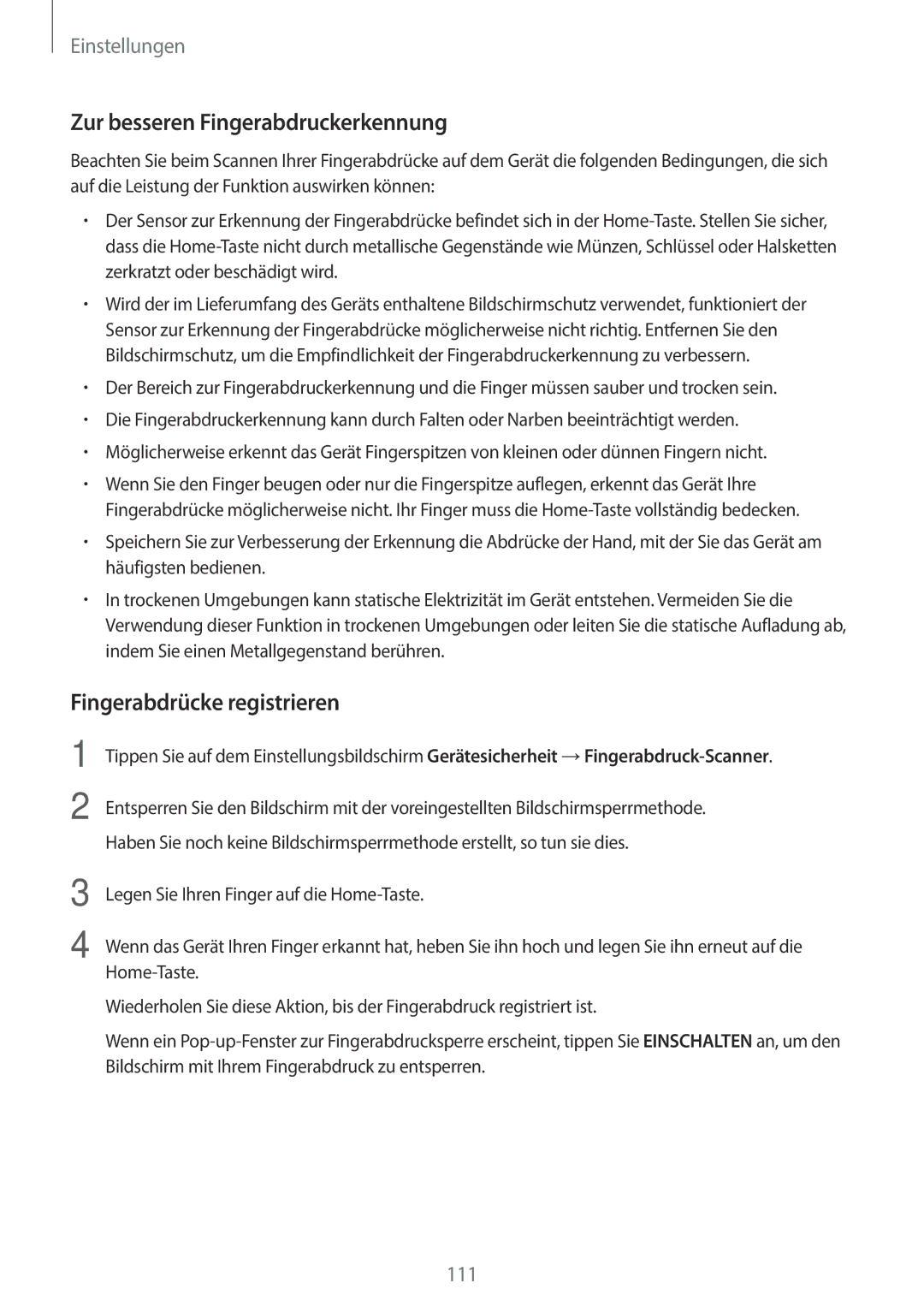 Samsung SM-A310FZWADBT, SM-A310FEDADBT, SM-A310FZKADBT Zur besseren Fingerabdruckerkennung, Fingerabdrücke registrieren 