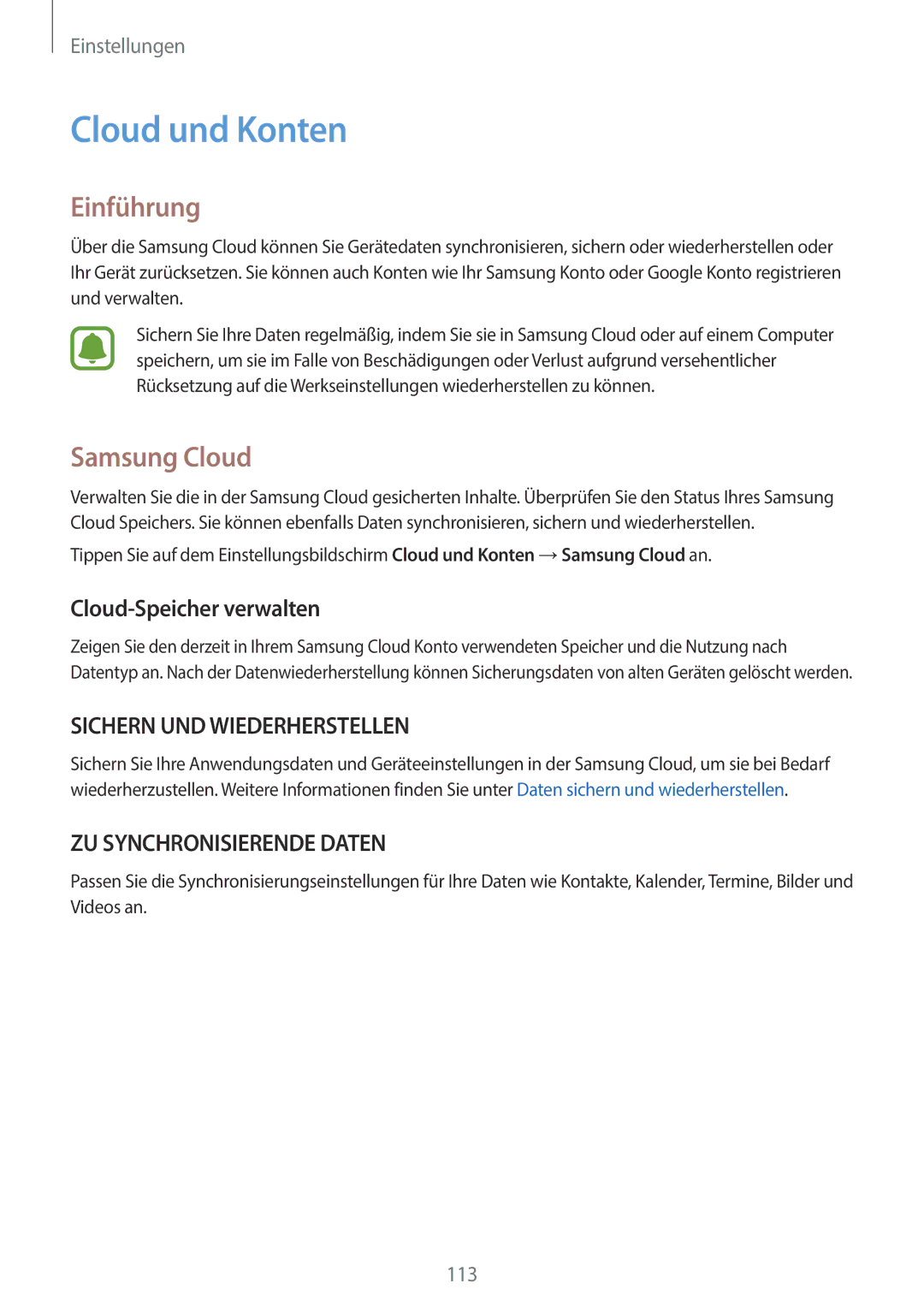 Samsung SM-A310FZKADBT, SM-A310FEDADBT, SM-A310FZDADBT manual Cloud und Konten, Samsung Cloud, Cloud-Speicher verwalten 
