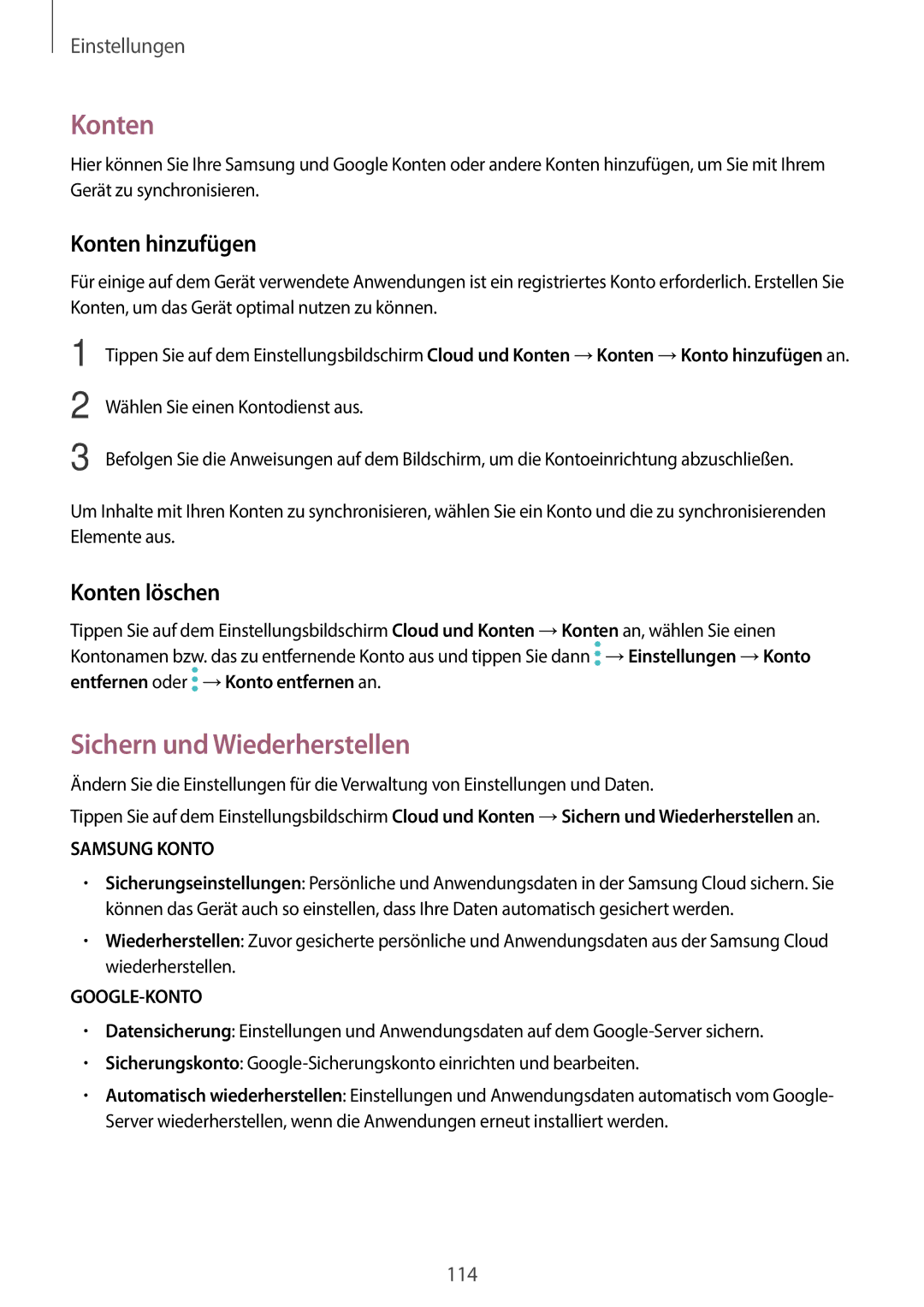 Samsung SM-A310FZDADBT, SM-A310FEDADBT, SM-A310FZKADBT Sichern und Wiederherstellen, Konten hinzufügen, Konten löschen 