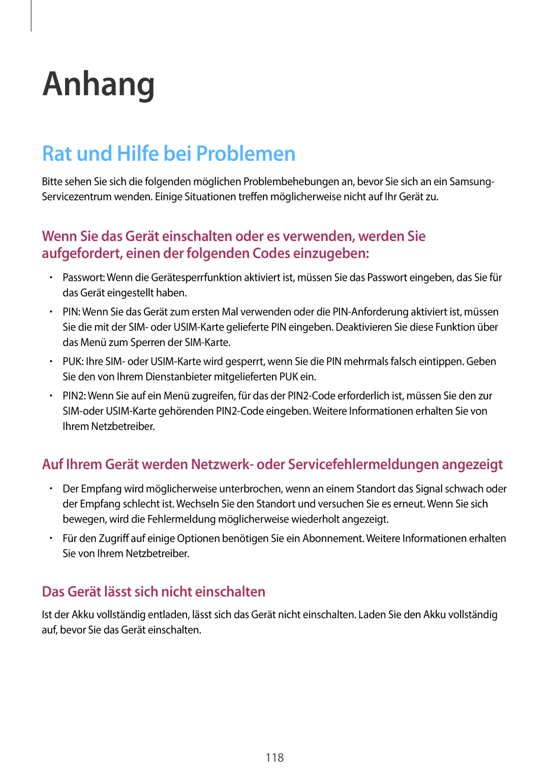 Samsung SM-A310FZDADBT, SM-A310FEDADBT, SM-A310FZKADBT, SM-A310FZWADBT manual Anhang, Rat und Hilfe bei Problemen 