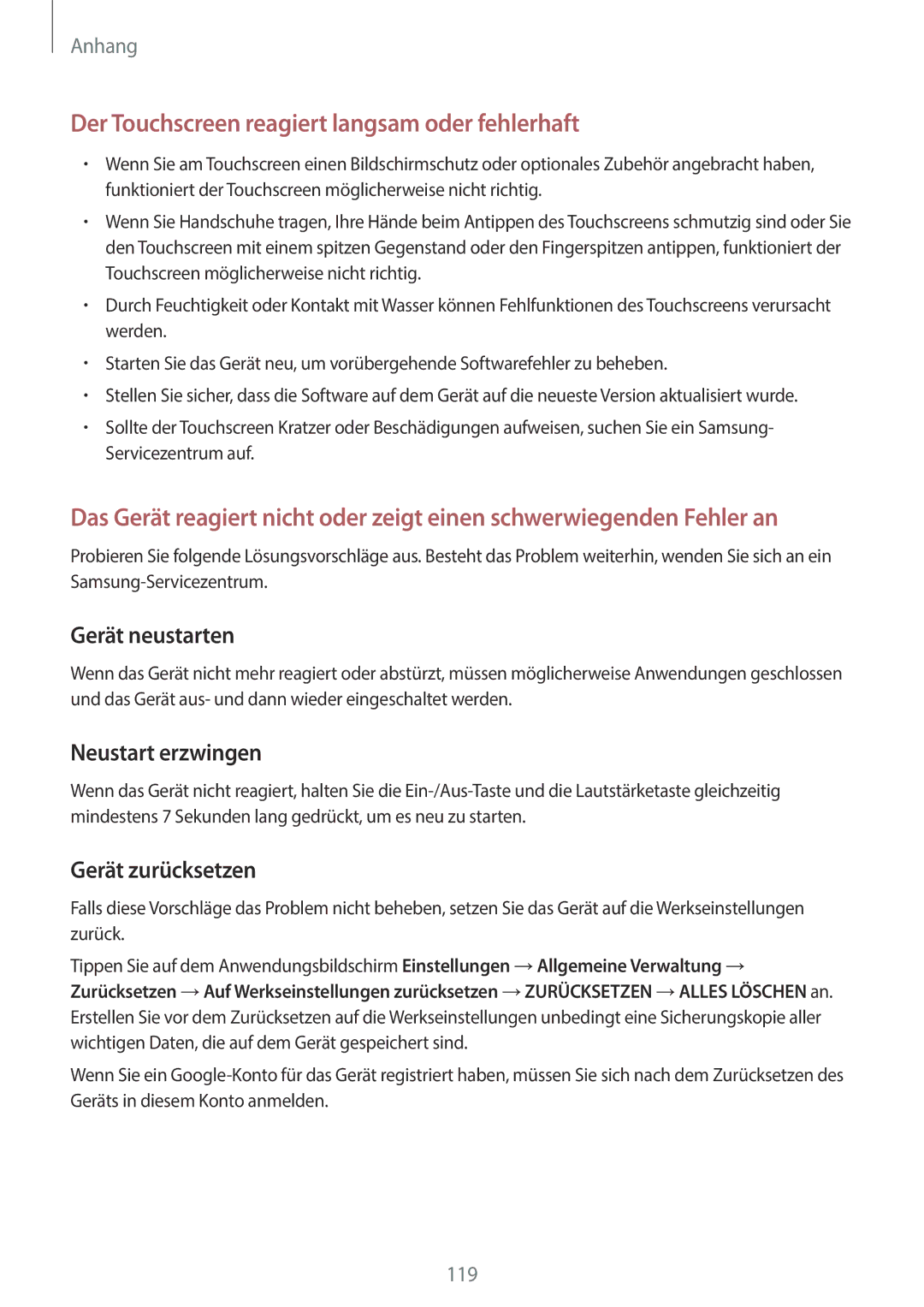 Samsung SM-A310FZWADBT, SM-A310FEDADBT, SM-A310FZKADBT, SM-A310FZDADBT manual Neustart erzwingen, Gerät zurücksetzen 