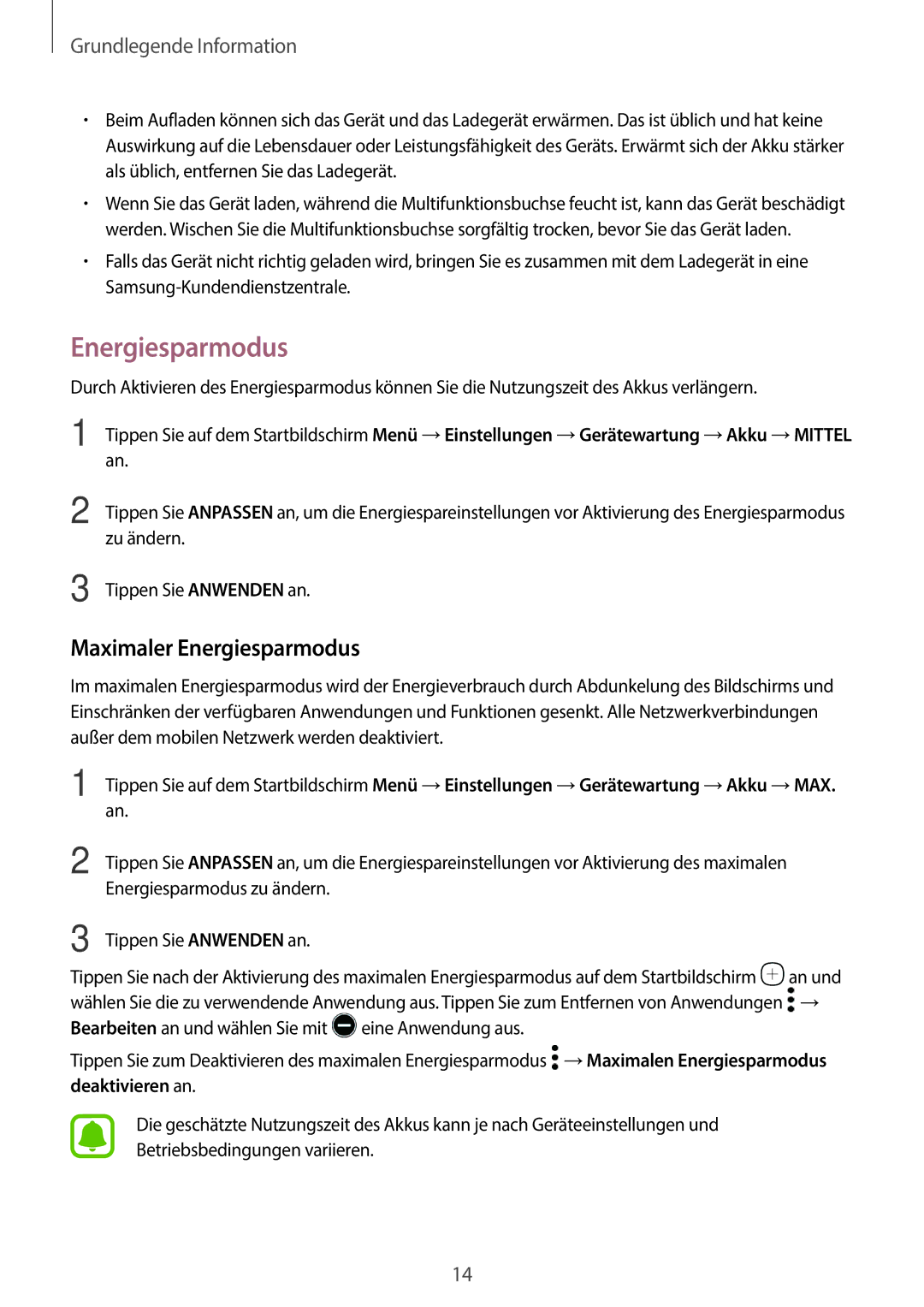 Samsung SM-A310FZDADBT, SM-A310FEDADBT, SM-A310FZKADBT, SM-A310FZWADBT manual Maximaler Energiesparmodus 